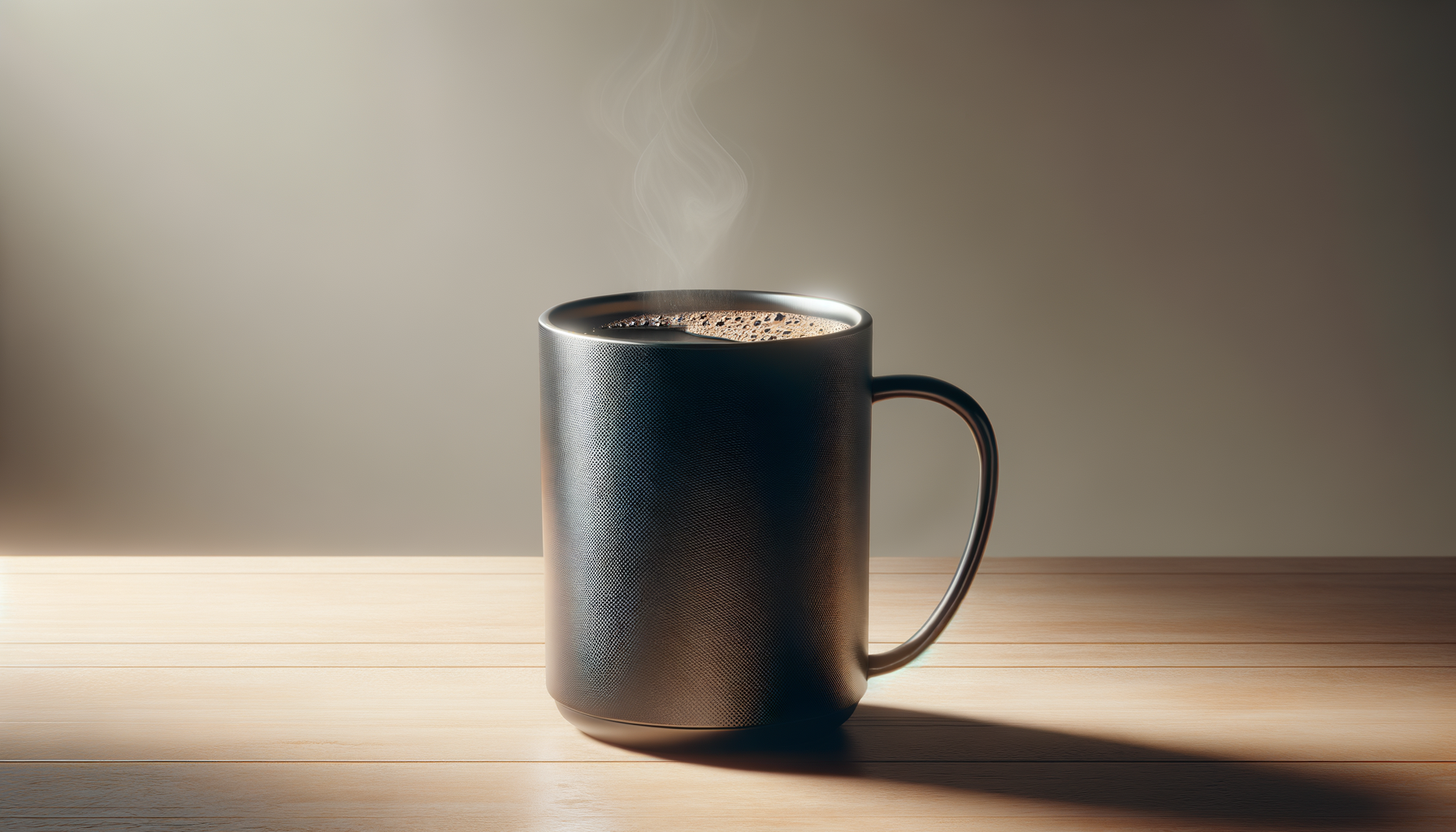 A black coffee mug filled with hot coffee, with steam rising from it, on a wooden surface with a blurred background.