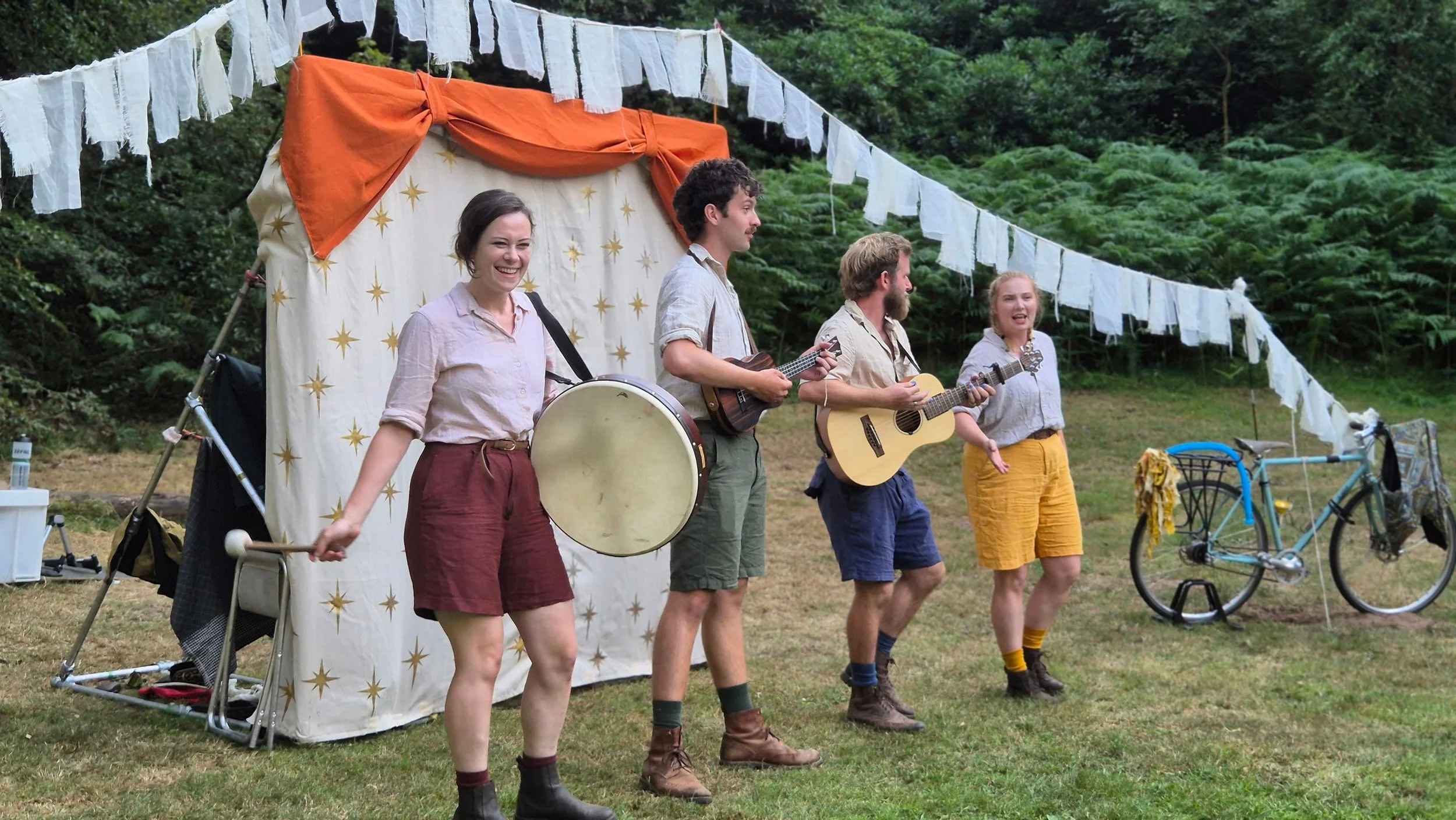 The Handlebards outdoor theatre performance setup at Hawkstone Park Follies.