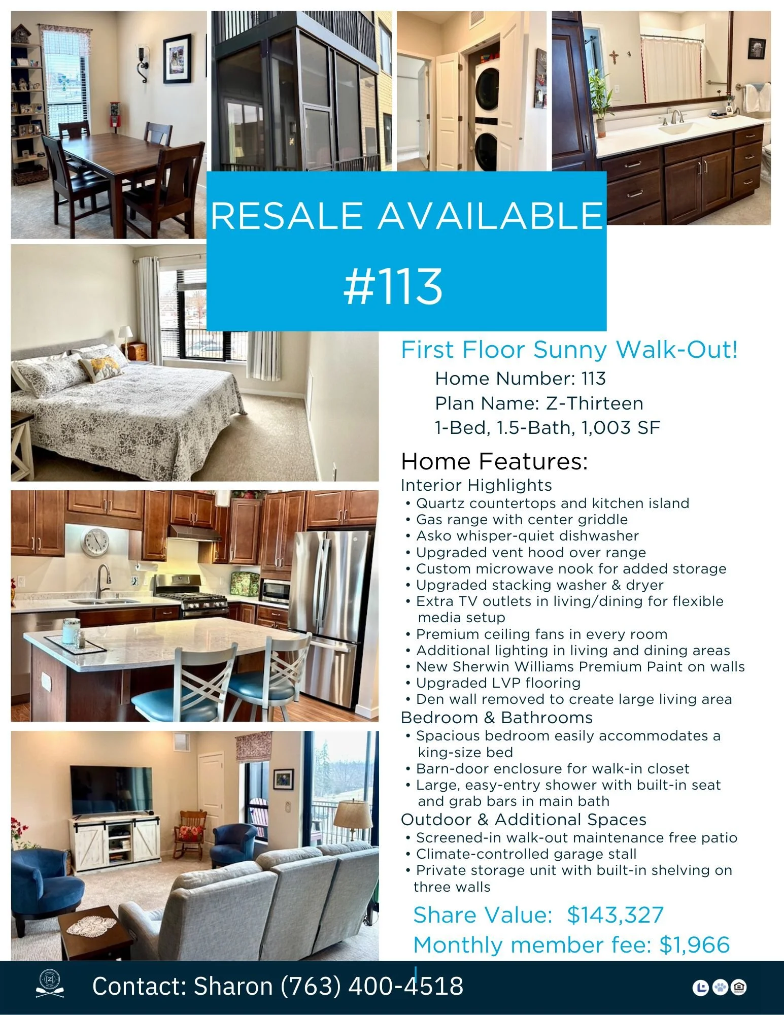 An advertisement for a rental home, featuring images of a dining room, balcony, laundry area, bathroom, bedroom, kitchen, and living room. It highlights features like quartz countertops, gas range, upgraded appliances, premium paint, and outdoor spaces. The ad provides contact information and rental details.