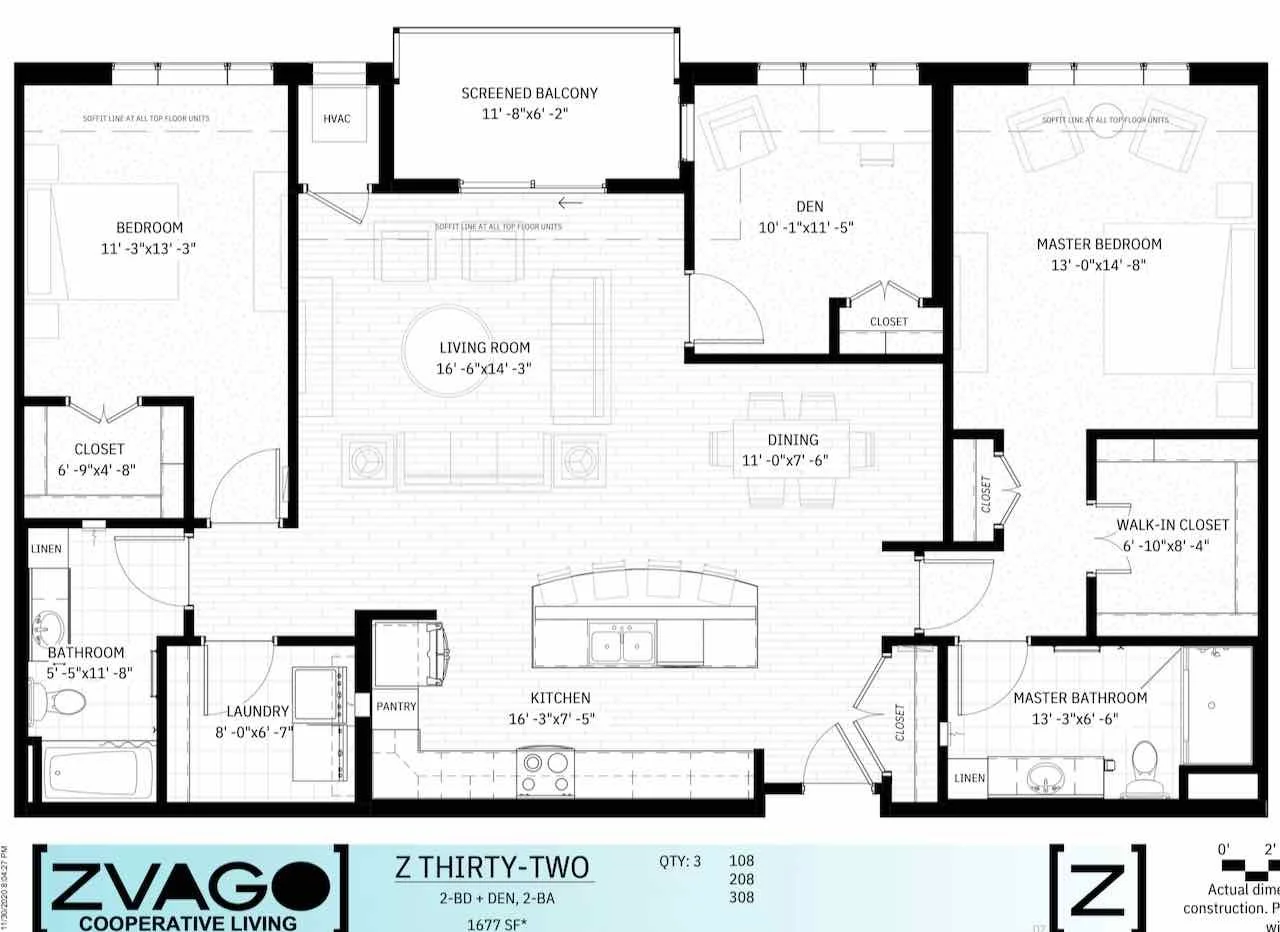 Floor plan of a Zvago Cooperative two-bedroom, two-bathroom home with a den, screened balcony, living room, kitchen, dining area, master bedroom with walk-in closet, additional bedroom, bathrooms, laundry room, and several closets.