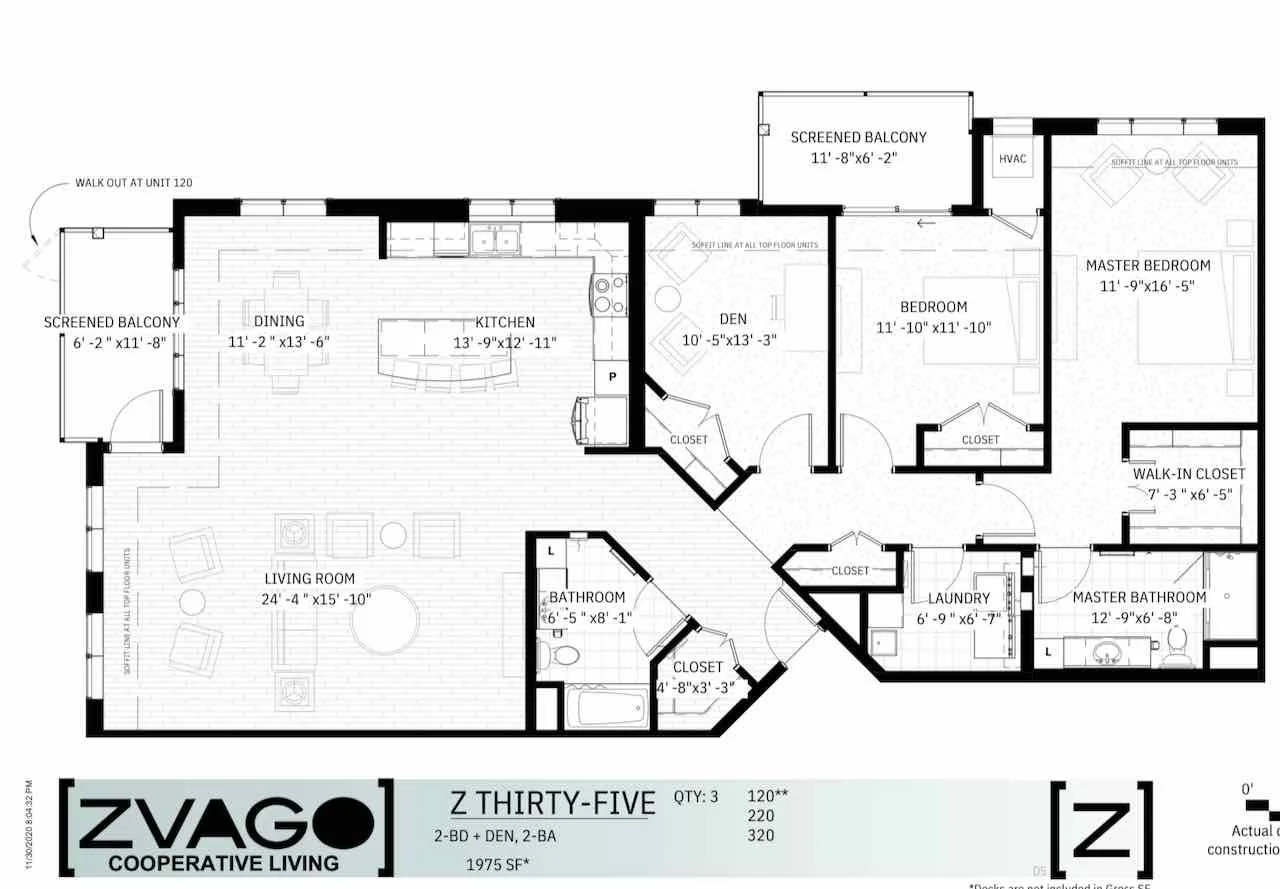 Floor plan of a Zvago Cooperative home including living room, kitchen, dining area, two bedrooms, two bathrooms, a den, laundry room, walk-in closets, screened balconies, and various closets.