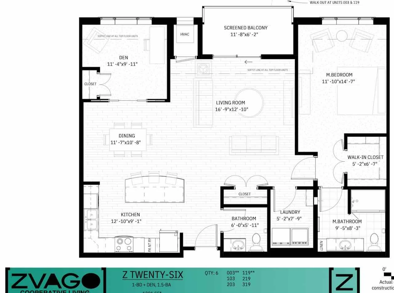 Floor plan of a Zvago layout, featuring a kitchen, dining area, living room, master bedroom with walk-in closet and master bathroom, a secondary bedroom, bathroom, laundry room, screened balcony, and a den, with labels and measurements for each room.