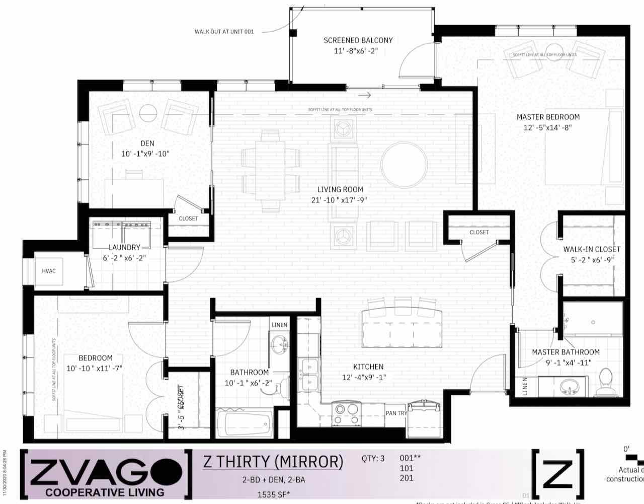 Floor plan of a two-bedroom, two-bathroom Zvago cooperative living unit, showing a living room, kitchen, master bedroom with walk-in closet and master bathroom, bedroom, den, laundry room, bathroom, linen closet, HVAC, and balcony.