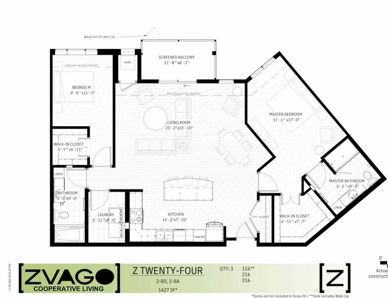 Floor plan of a 2-bedroom, 2-bathroom cooperative living unit, including a living room, kitchen, master bedroom with walk-in closet and bathroom, second bedroom, second bathroom, laundry, two closets, screened balcony, and several linen closets.