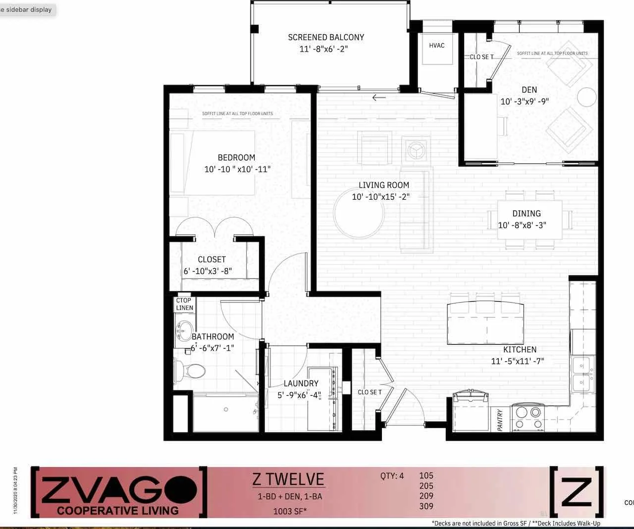 Floor plan of a Zvago Cooperative one-bedroom cooperative apartment with a den, featuring a living room, kitchen, bedroom, bathroom, laundry area, closets, screened balcony, and den. The layout includes room dimensions and labels for each space.