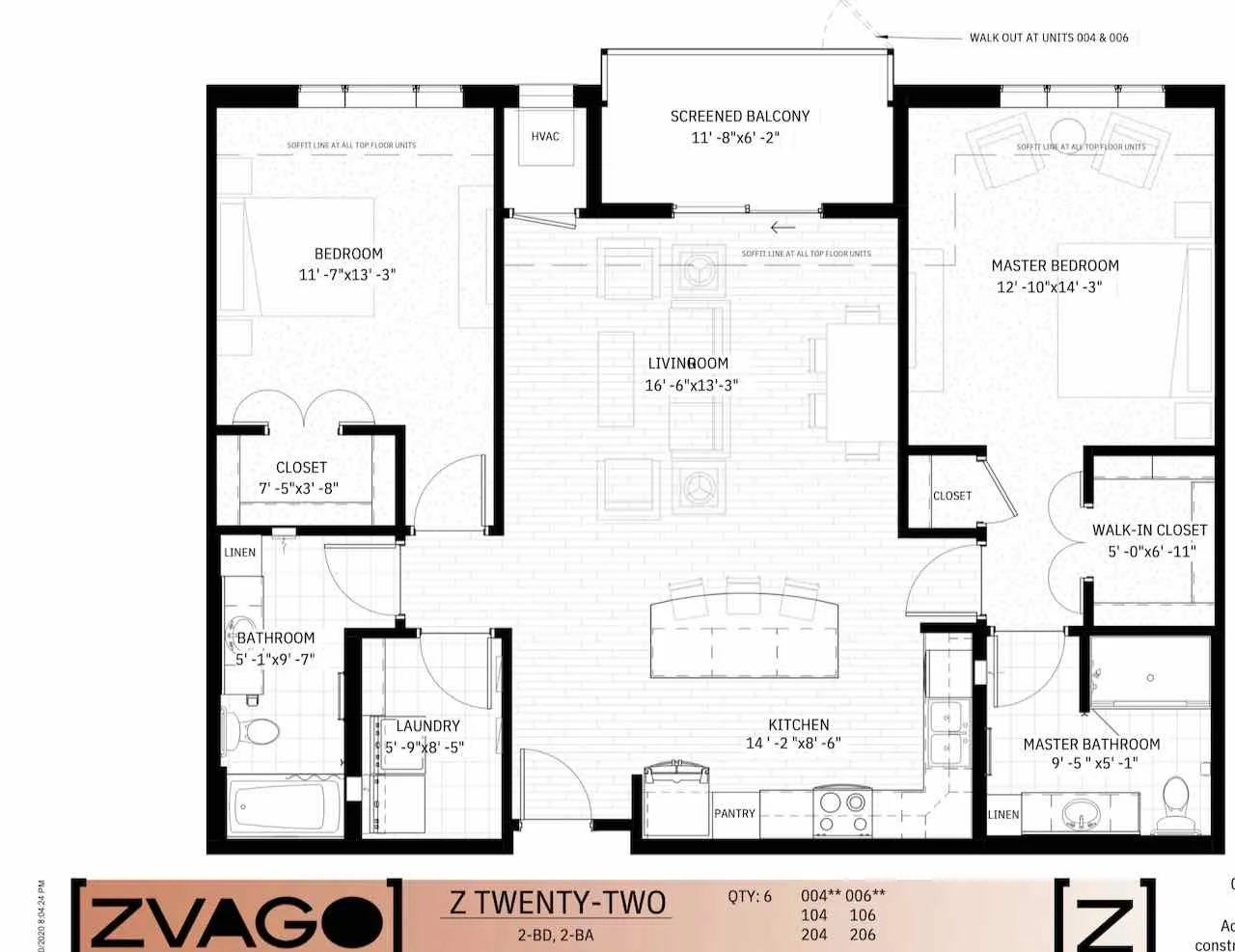 Floor plan of a two-bedroom, two-bathroom apartment with a kitchen, living room, two bedrooms including a master bedroom with walk-in closet, bathroom, laundry room, pantry, and screened balcony.