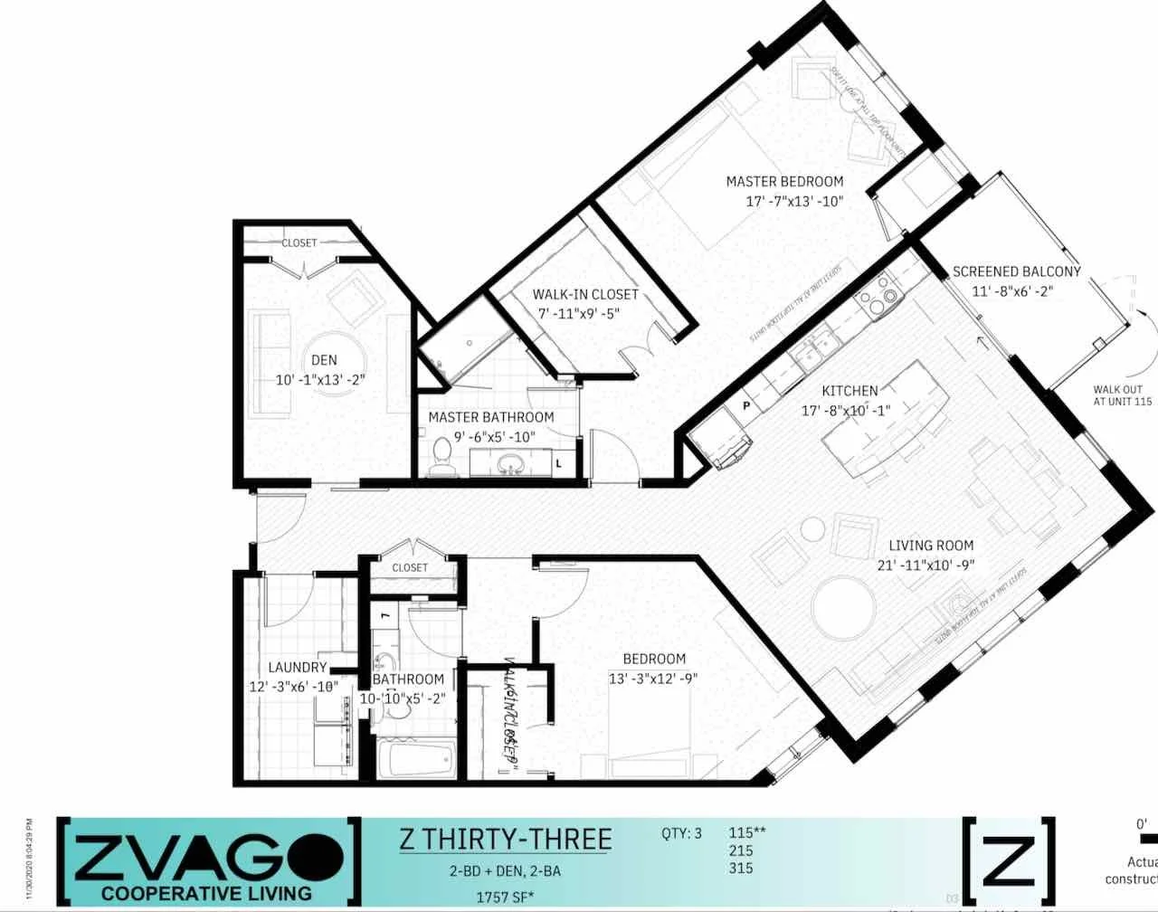 Floor plan of a Zvago Cooperative home with labeled rooms, including two bedrooms, a den, two bathrooms, a kitchen, a living room, a laundry room, a screened balcony, walk-in closets, and hallways.