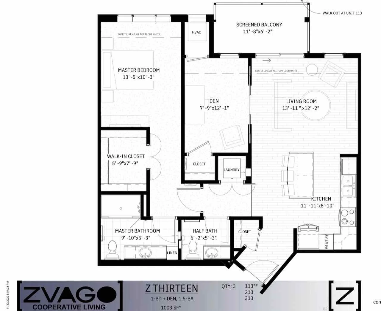 Floor plan of Zvago Cooperative Living Z Thirteen model with 1 bedroom, den, and 1.5 bathrooms, including a master bedroom, walk-in closet, master bathroom, half bath, kitchen, living room, screened balcony, laundry area, and various closets.