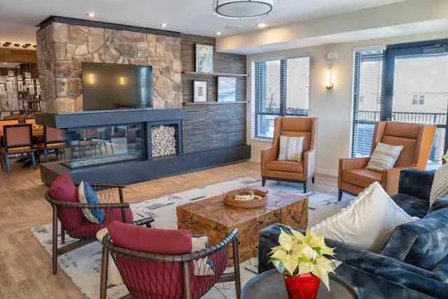 Living room with a stone accent wall, fireplace, mounted flat-screen TV, large windows, orange armchairs, a black leather sofa, a wooden coffee table, and decorative pillows.