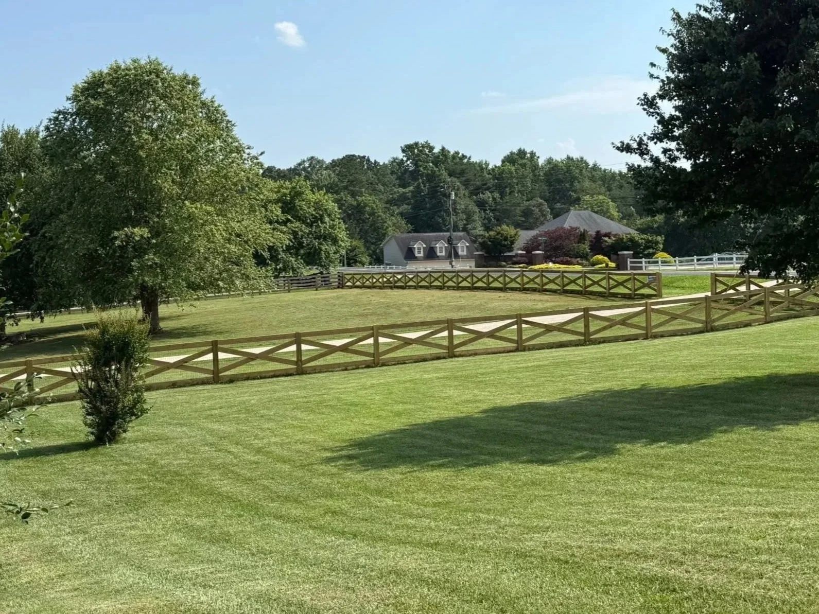 Open green lawn with fencing, trees, and a house in the background on a sunny day.