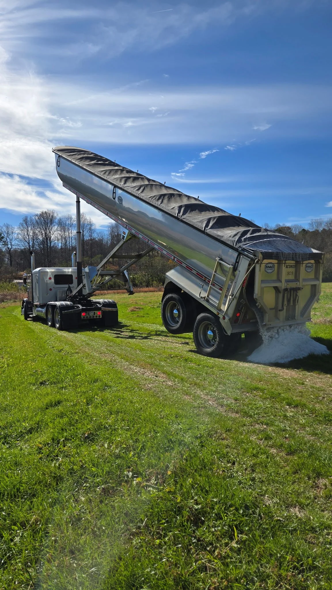 A dump truck unloading white material on a grassy field