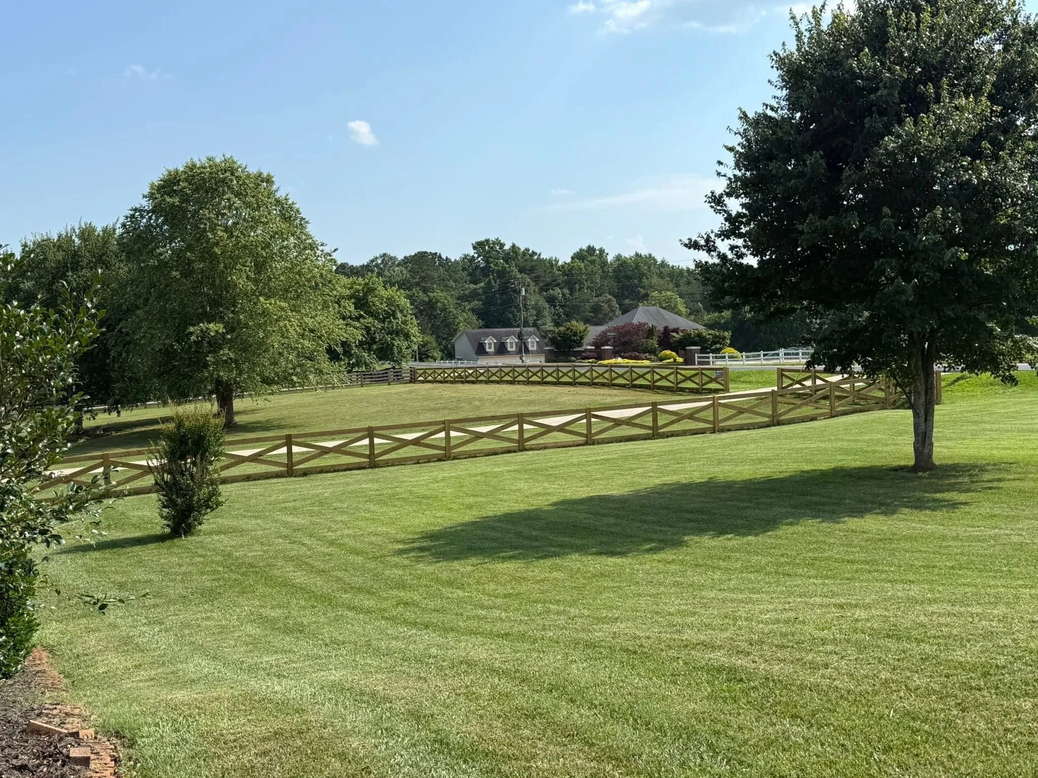 A lush green yard with neatly mowed grass, surrounded by various trees and a white picket fence. In the background, there are houses and a clear blue sky with some clouds.