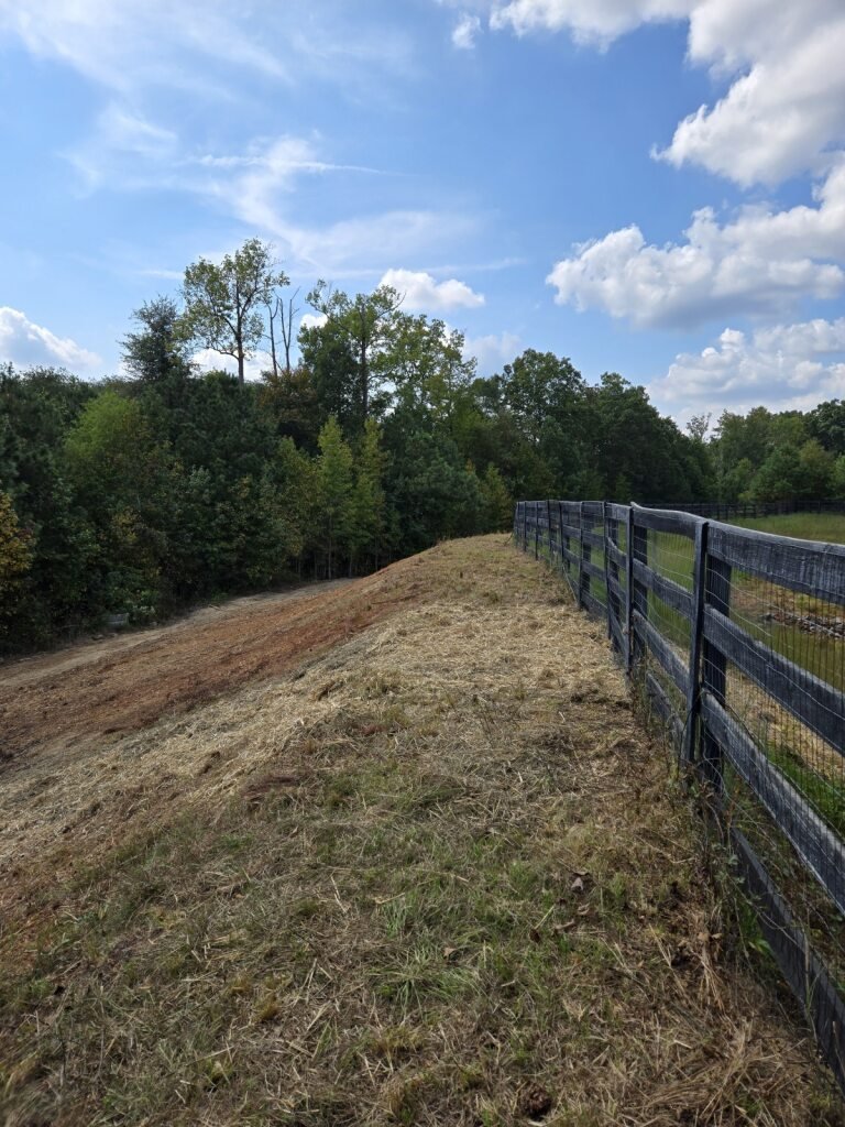 A rural landscape with a grassy hill and a black wooden fence running along the right side, trees in the background, and a partly cloudy blue sky.