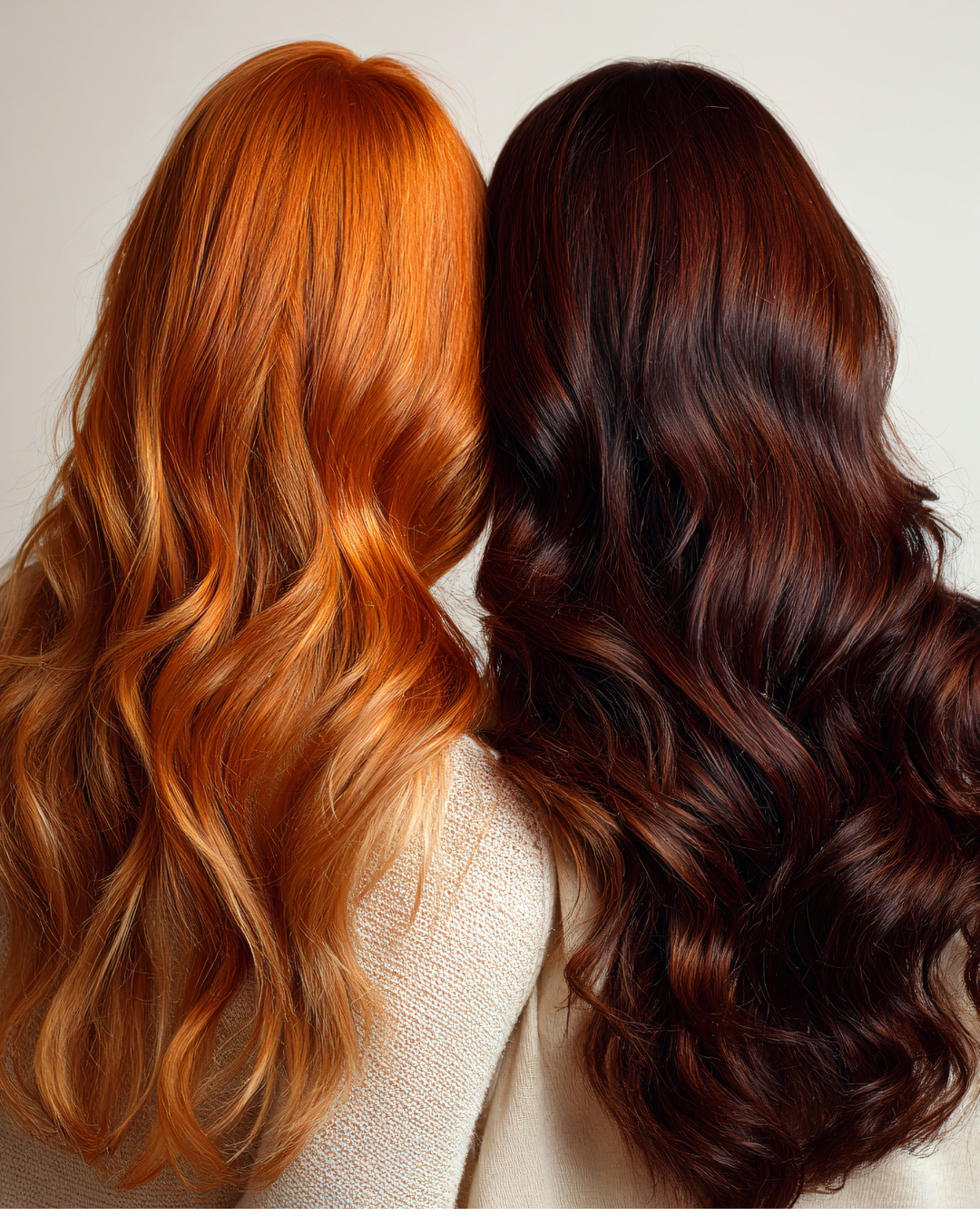 Two women with long, wavy hair, facing away, showcasing their hair color and texture.