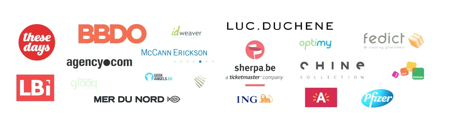 A collection of various company logos, including BBDO, agency.com, LBi, McCann Erickson, Google, MER DU NORD, Geek Angels, Sherpa, ING, Pfizer, Fedict, Optmy, Chino, Mobistar, and others.