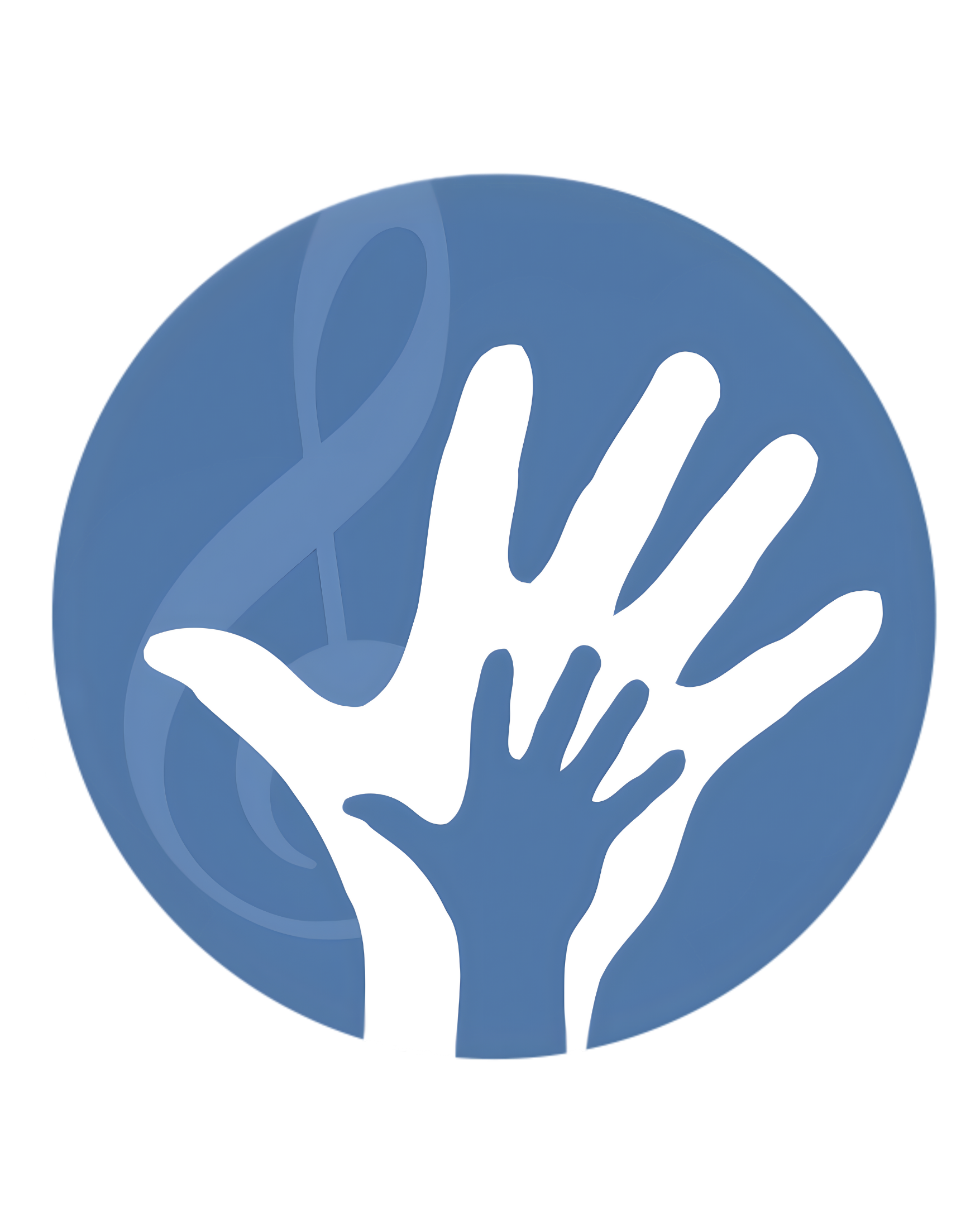 Illustration of a white hand reaching out to a smaller hand on a blue circular background with a subtle peace symbol.