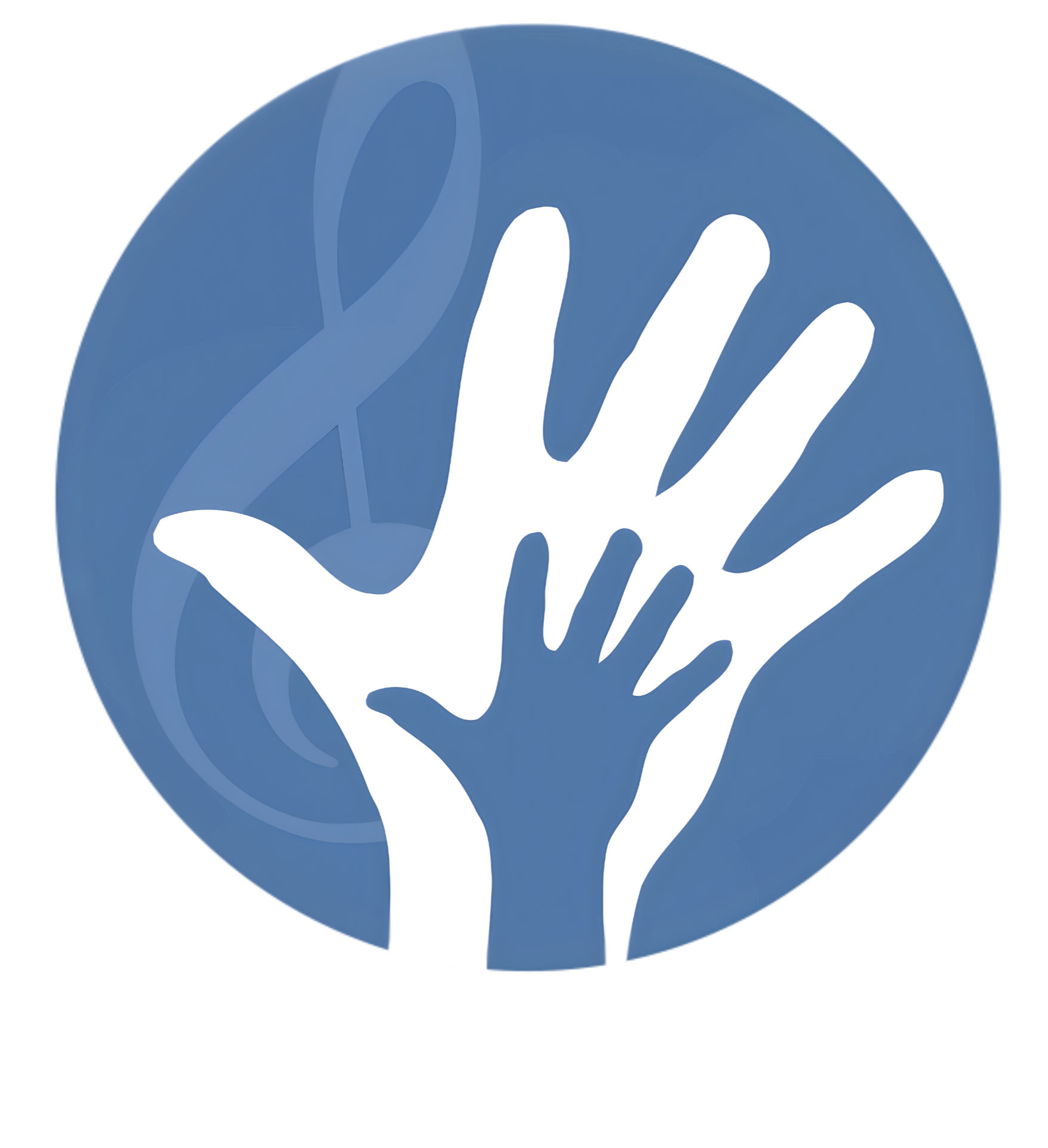 A graphic of three white hands of different sizes reaching up, set against a blue circular background with a faint outline of a stethoscope.