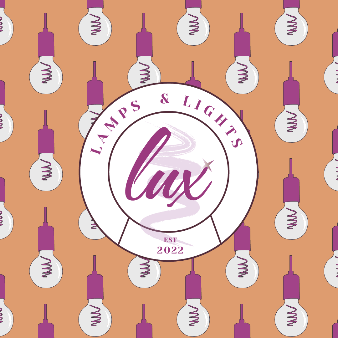 Pattern of light bulbs with purple bases on an orange background, featuring a logo for LAX Lamps & Lights in the center.