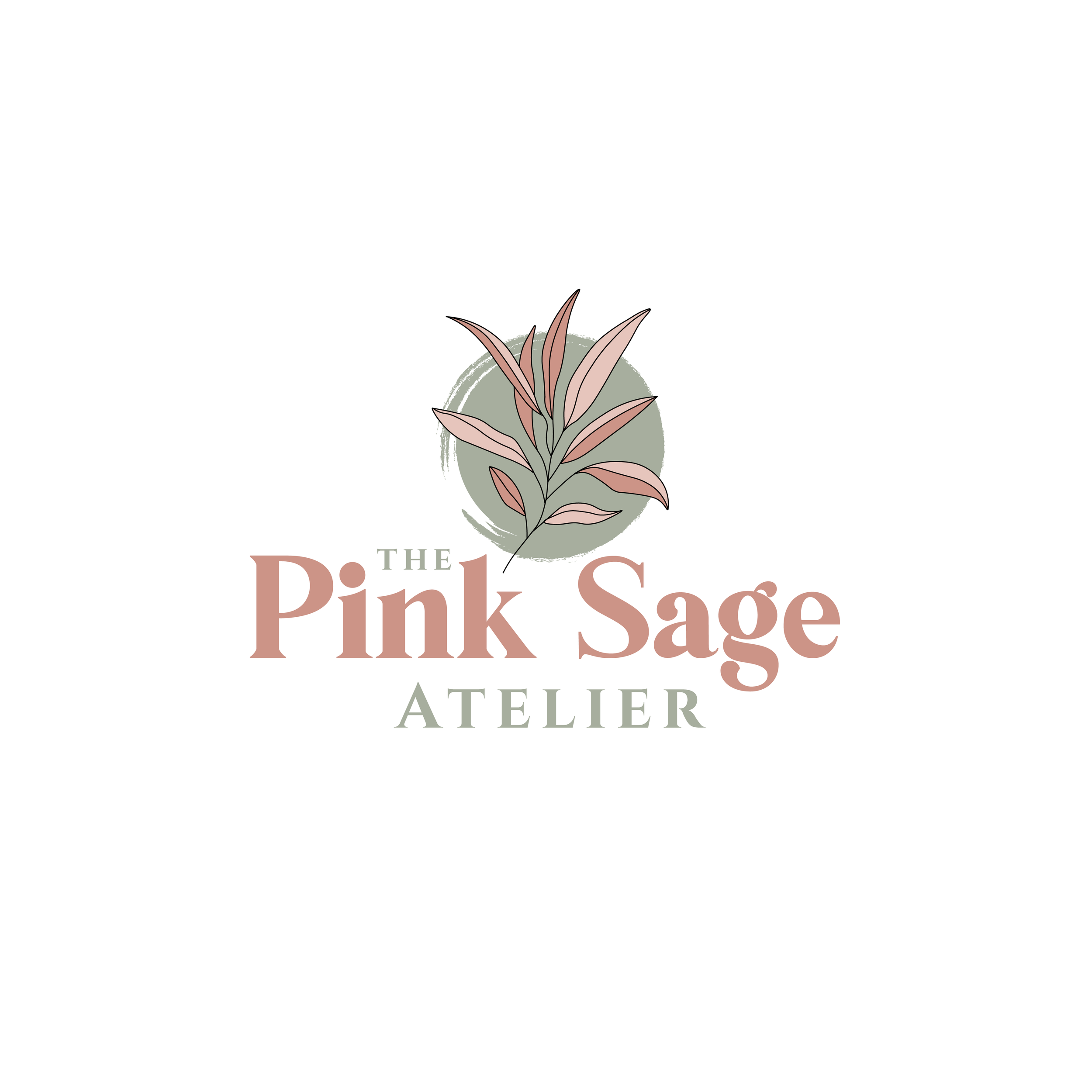 A logo featuring a stylized pink sage plant and the text 'The Pink Sage Atelier' in peach and sage green colors.