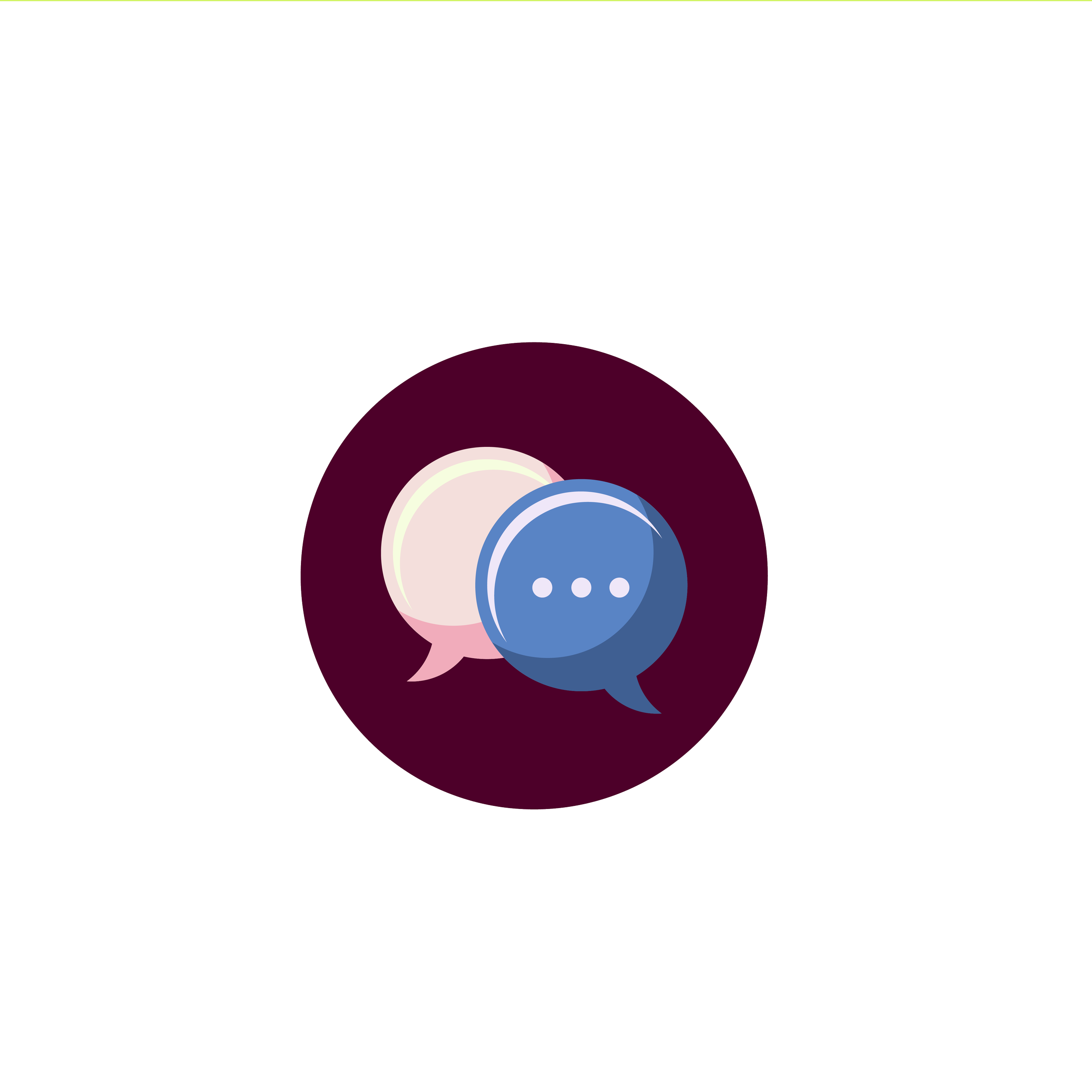 Multiple colored speech bubbles, including blue, pink, and purple, arranged in a circular pattern on a black background, representing communication or conversation.