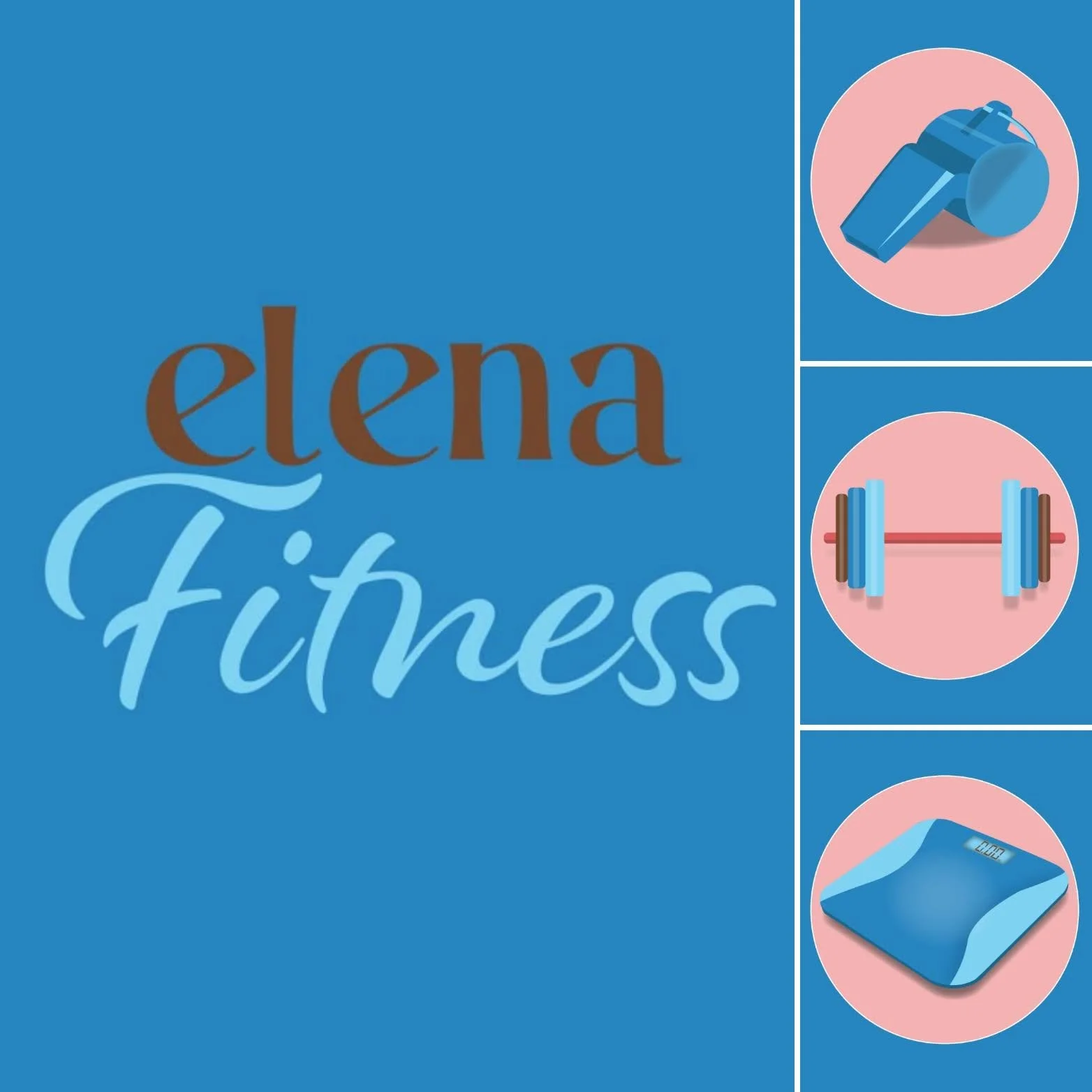 Graphic with the text 'elena fitness' and images of a whistle, a barbell, and a digital scale.