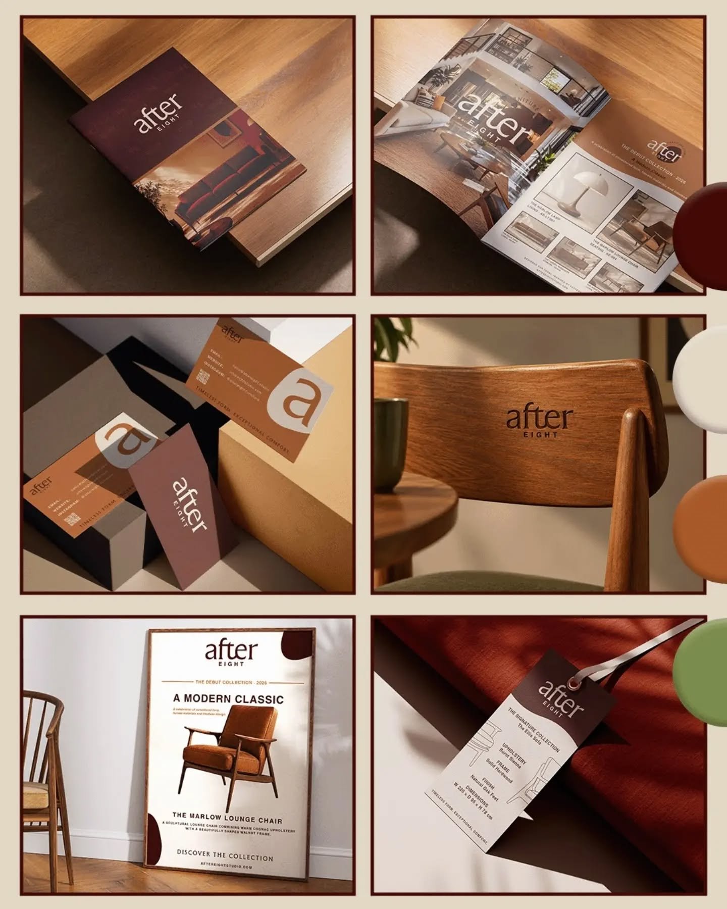 AFTER EIGHT- PART 2 🪑✨

A closer look at After Eight, exploring the brand through more mockups, materials and a carefully considered colour palette.

Designed for a handmade mid-century modern furniture brand, the identity brings together timeless d