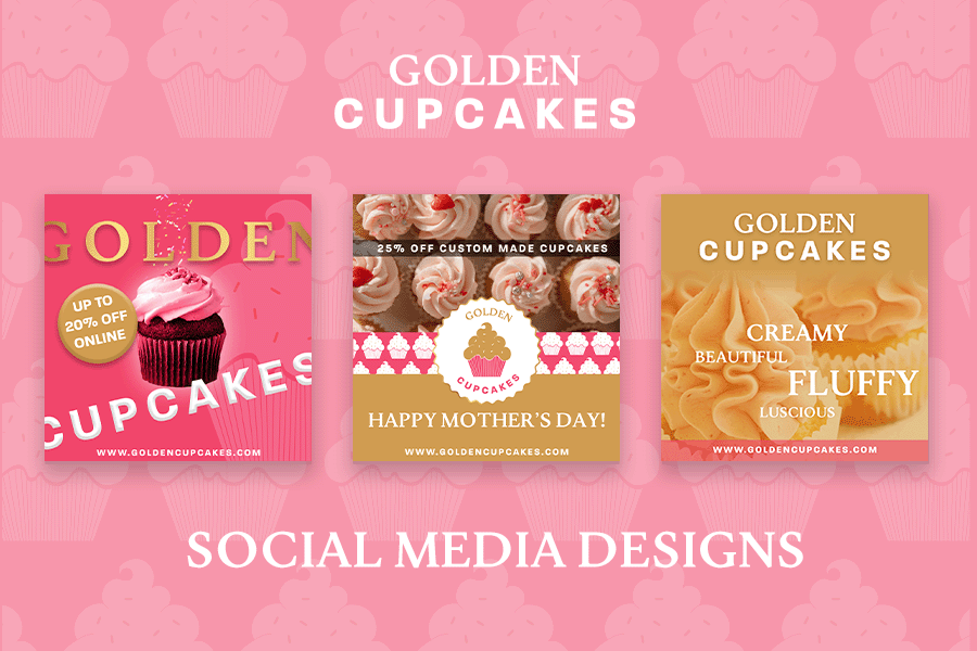 Set of three social media graphics for Golden Cupcakes featuring cupcake images, discounts, and Mother's Day greetings on pink cupcake-themed background.