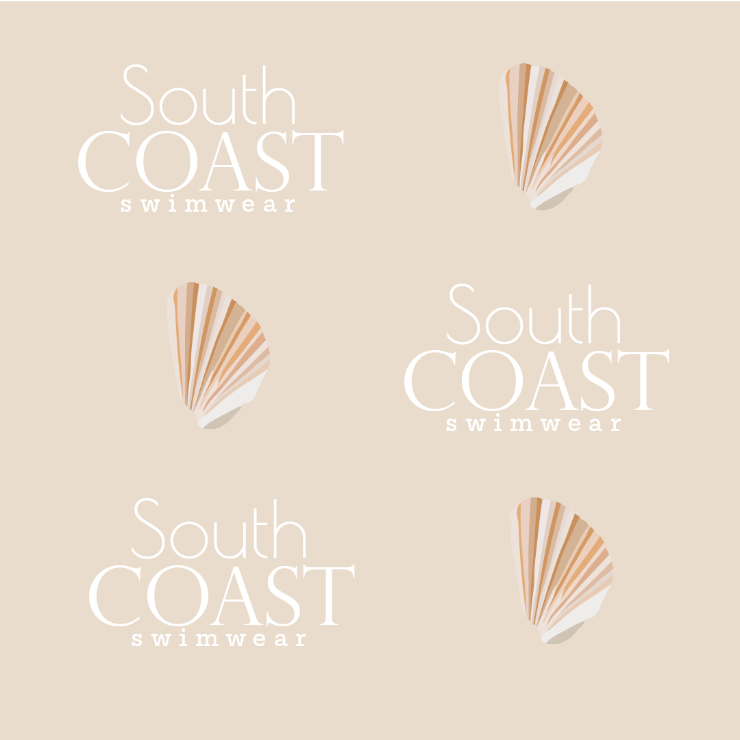 Pattern featuring the words "South Coast Swimwear" and a seashell illustration on a beige background.