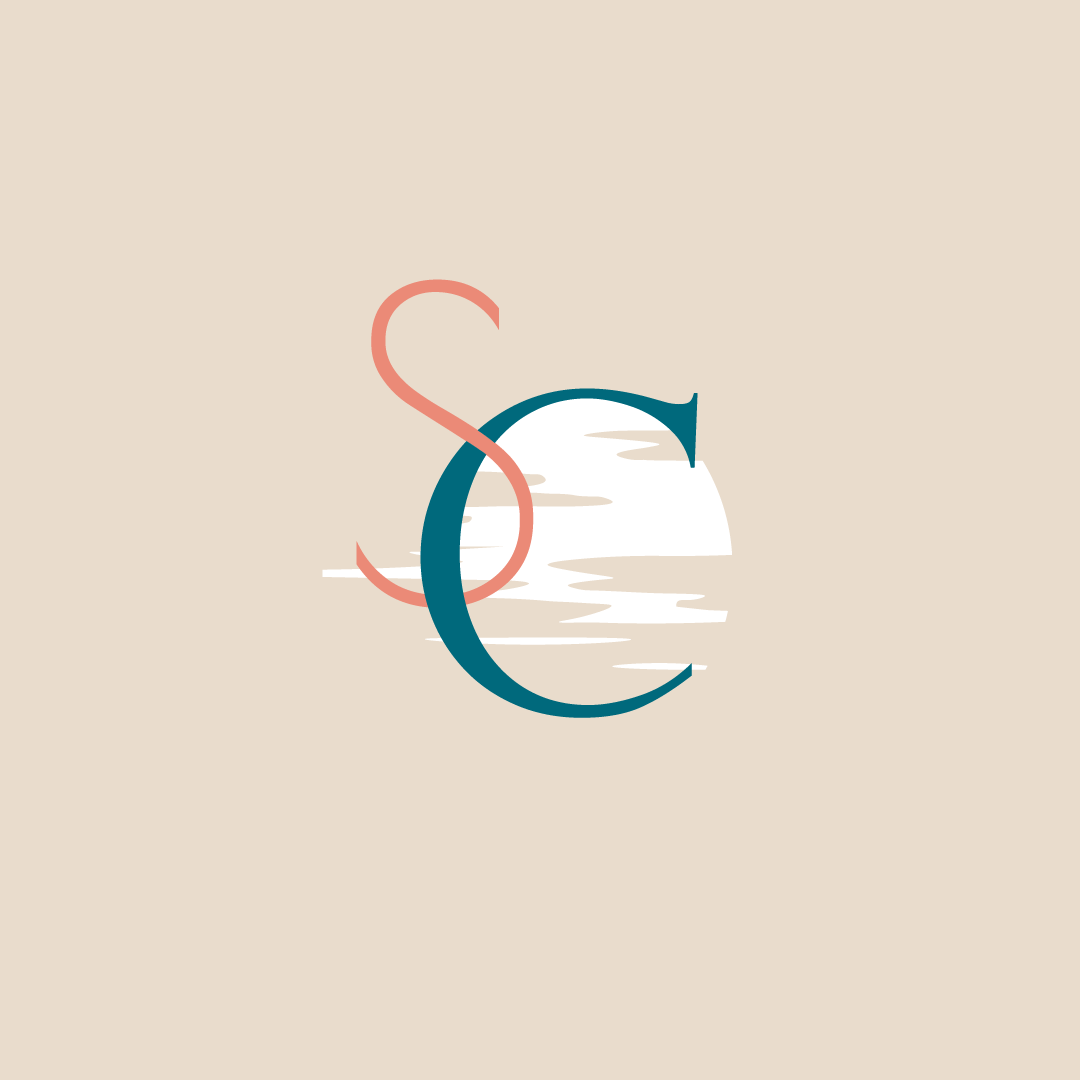 Stylized logo with overlapping initials 'S' and 'C', a sunset or sunrise over water in the background, on a beige background.