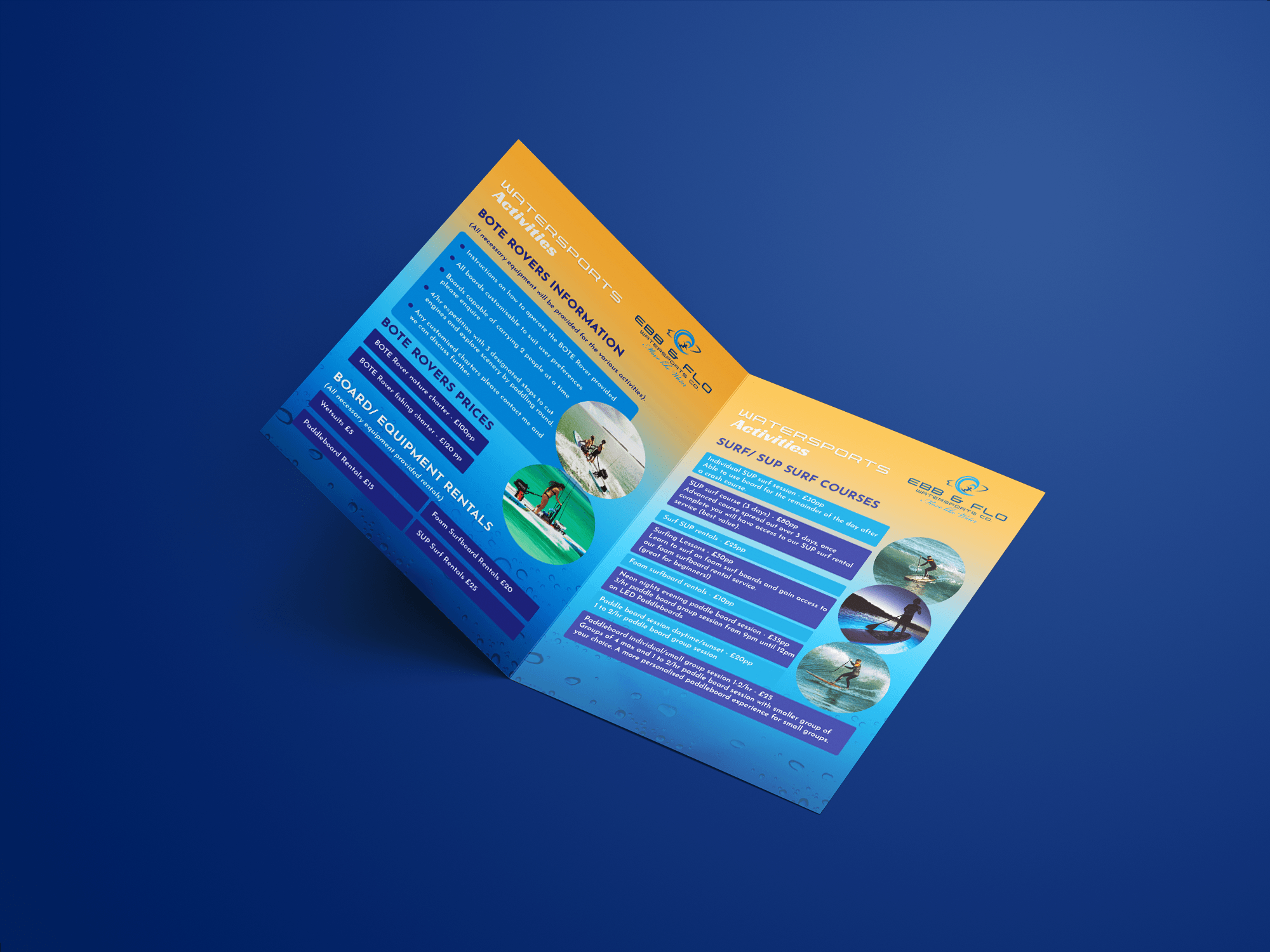 A colorful flyer advertising watersports activities including surf and paddleboard courses with images of people surfing and paddling.