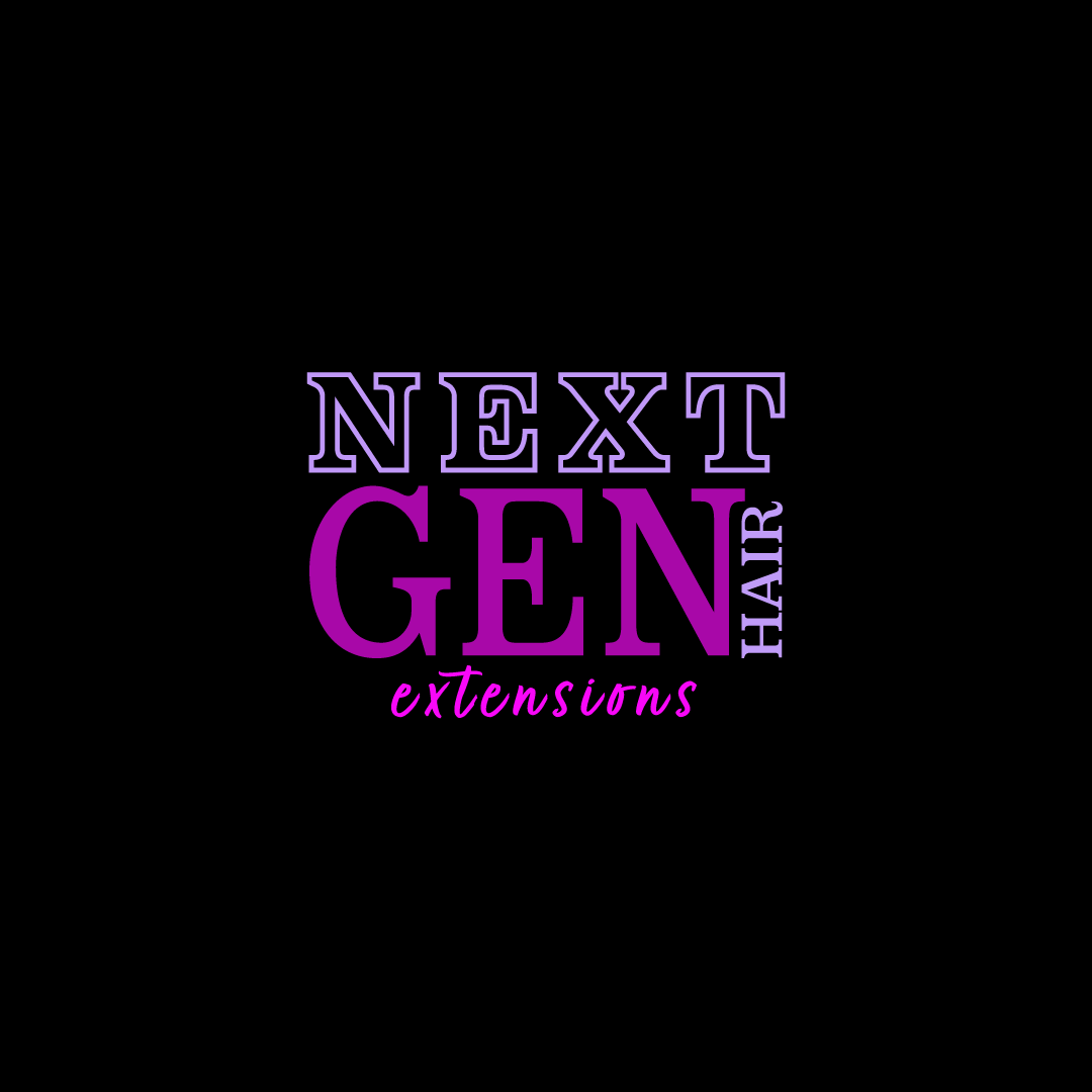 Logo for Next Gen Hair Extensions with purple and pink text on black background.