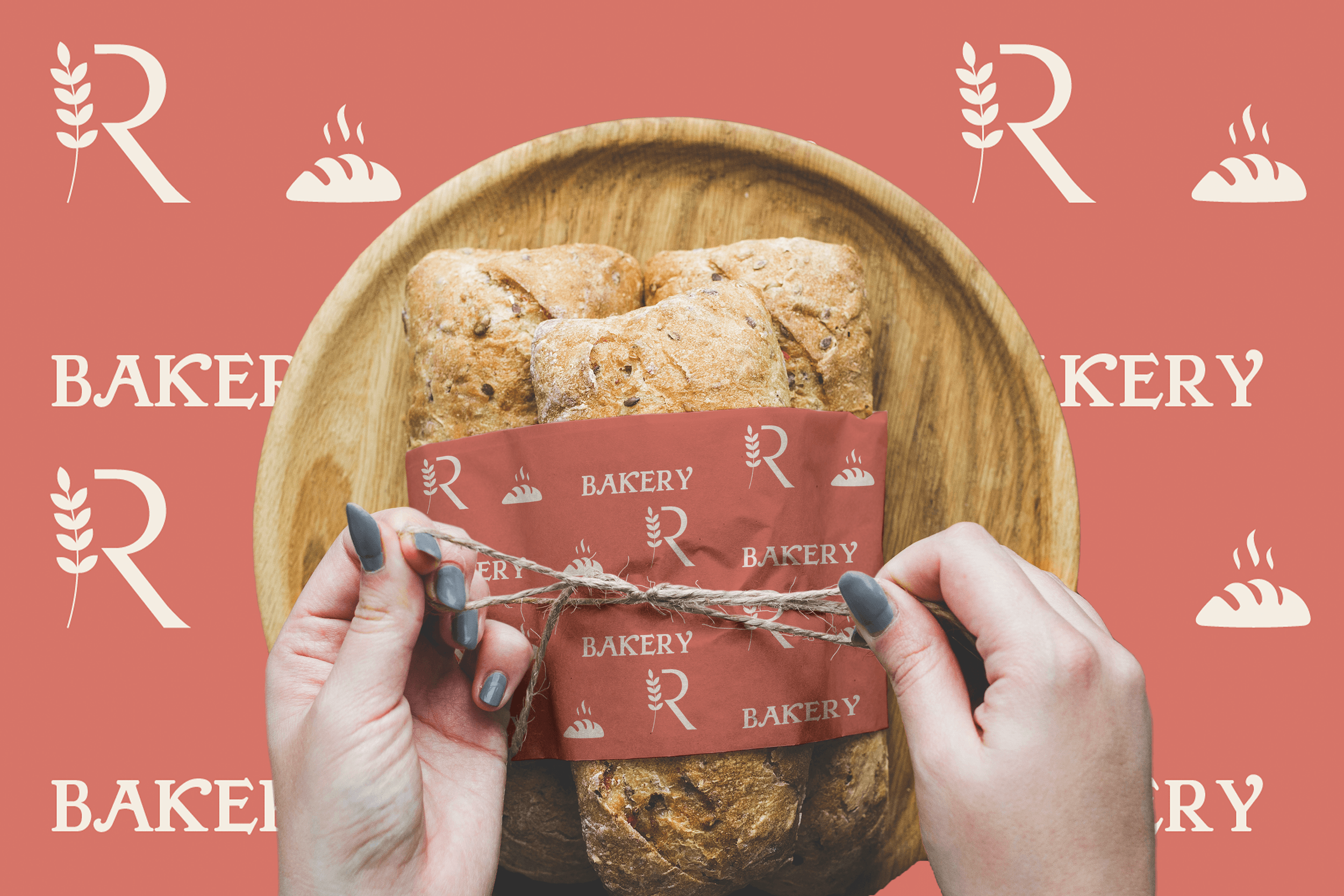 Person holding a paper bag with bakery items, with a wooden tray of bread behind it, on a red background with bakery-themed graphics.