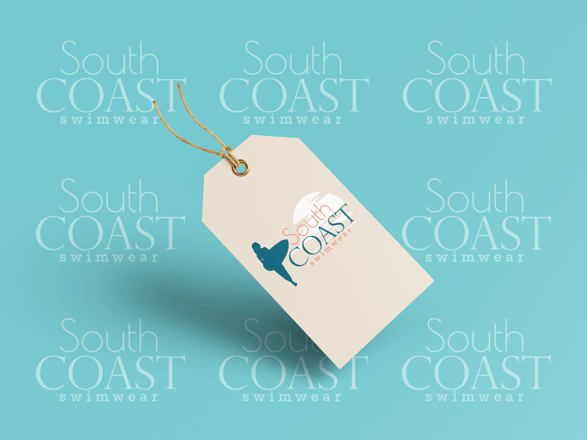 A clothing tag with a logo and text reading 'South Coast swimwear', attached with a string to a clothing item, set against a blue background with repetitive 'South Coast swimwear' text.