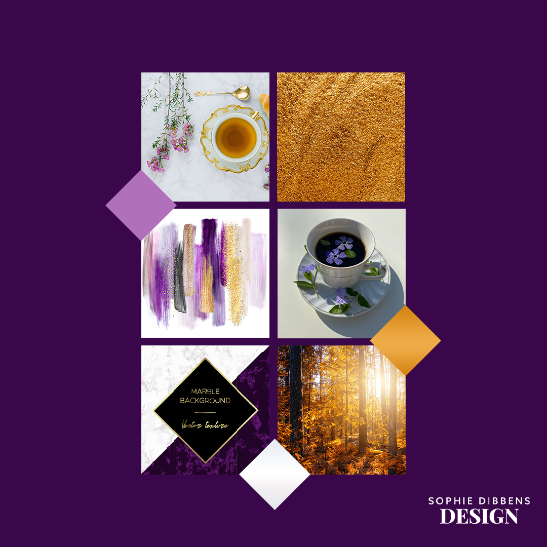 A collage featuring a tea cup with a saucer, golden texture, abstract purple and gold brushstrokes, a cup of herbal tea with purple flowers, an autumn forest with sunlight, and a design label that says "Marble Background, Vector Texture."