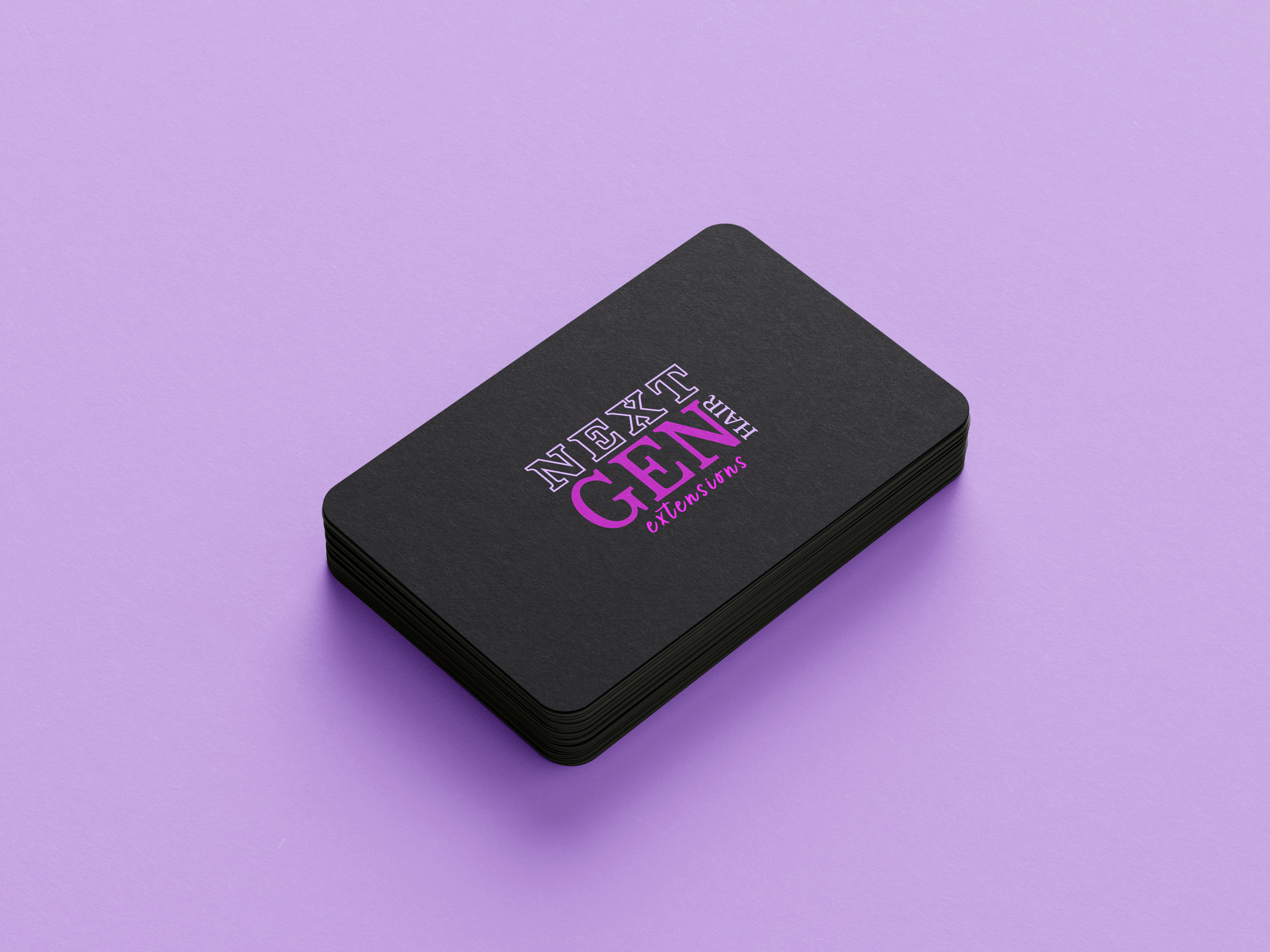 Stack of black cards with purple and white text on purple background.