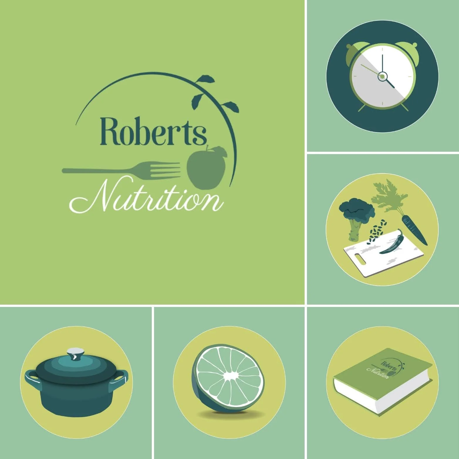 Logo for Roberts Nutrition featuring a fork, an apple, and leaf elements on a light green background.