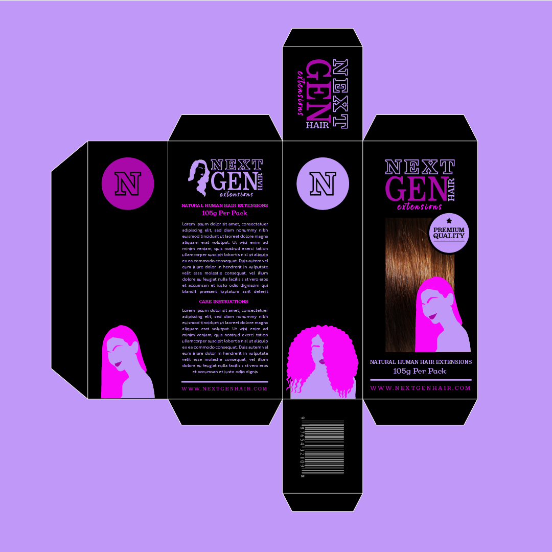 Packaging box for Next Gen Hair natural human hair extensions in black with purple accents. The box features illustrations of a woman with long, curly hair and a woman with straight hair, along with product information and website URL.