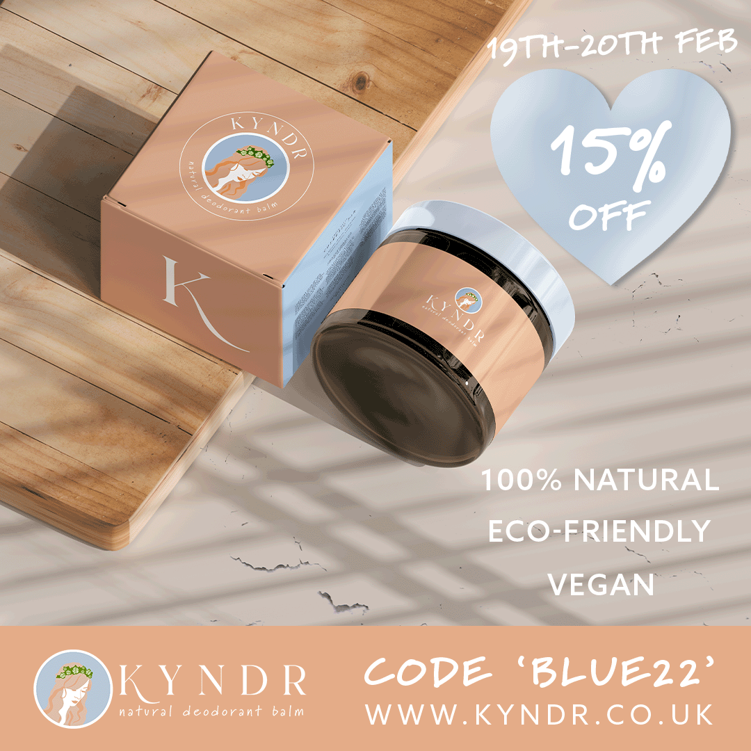 A jar of KYNR natural deodorant balm and its pink and blue packaging box, with promotional text indicating 15% off from February 19th to 20th, with a blue heart background and product details like 100% natural, eco-friendly, and vegan.