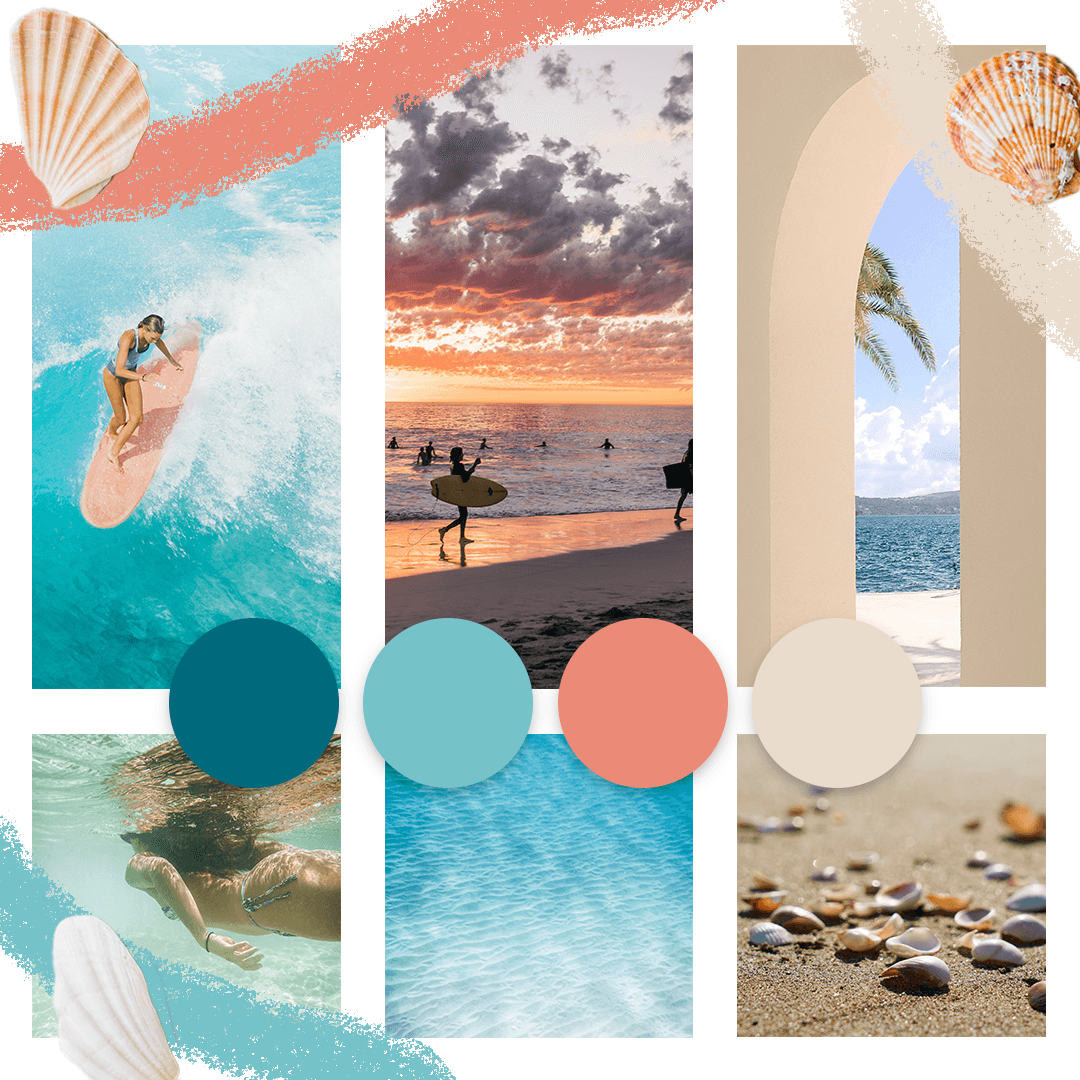 Collage of various beach scenes and elements including a surfer, sunset, palm trees, ocean water, and seashells, with color swatches of blue, coral, light blue, beige, and teal.