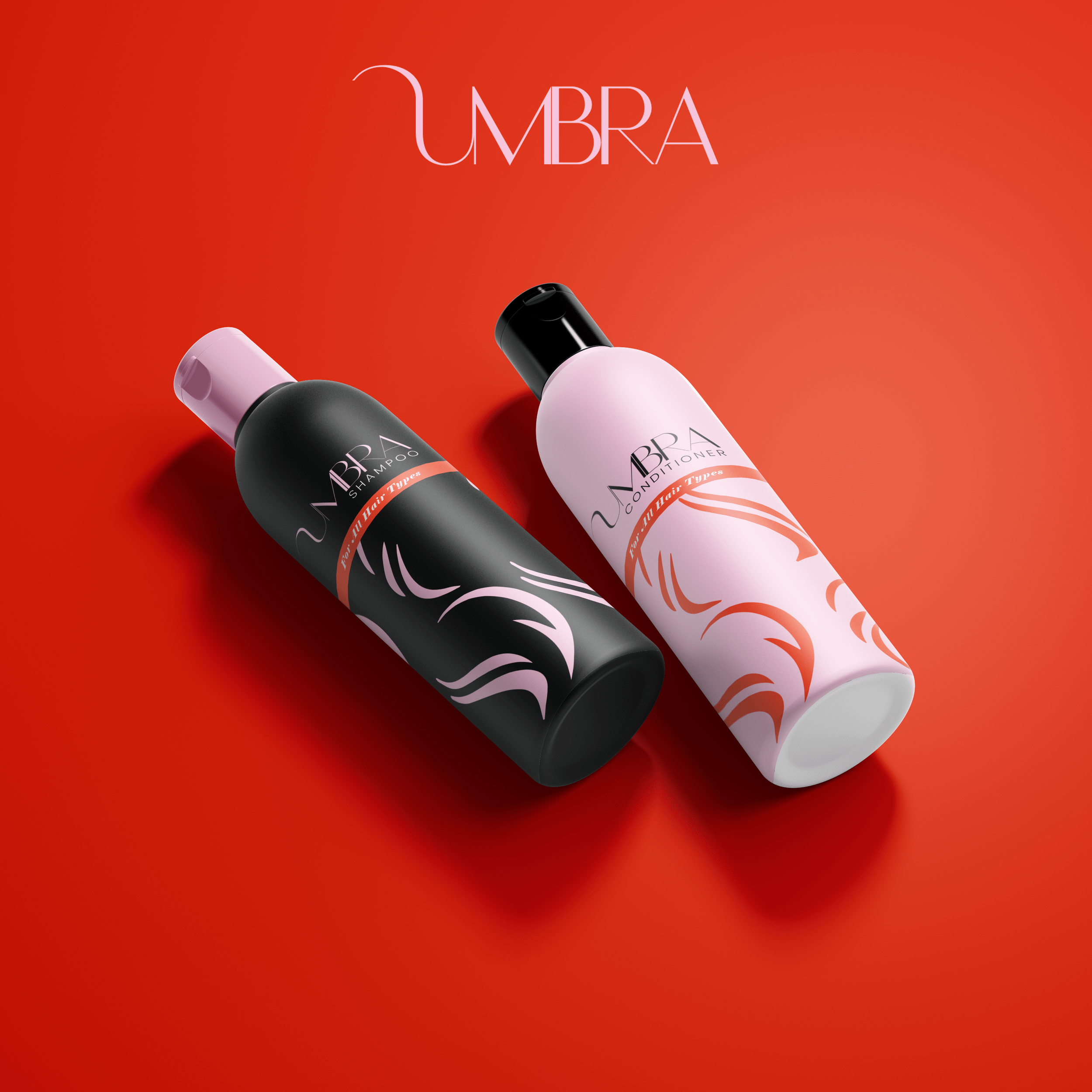 Two bottles of hair care products, one labeled for shampoo and the other for conditioner, with black, white, and pink packaging, placed on a red background