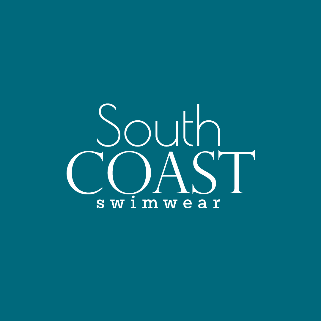 South Coast swimwear logo in white text on teal background.