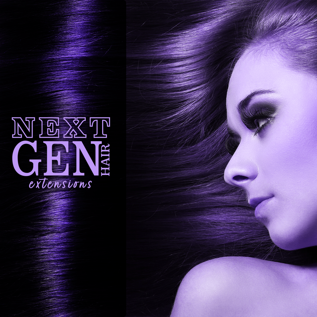 Close-up of a woman with long, flowing purple hair and dramatic makeup, with the text 'Next Gen Hair Extensions' on a black background.