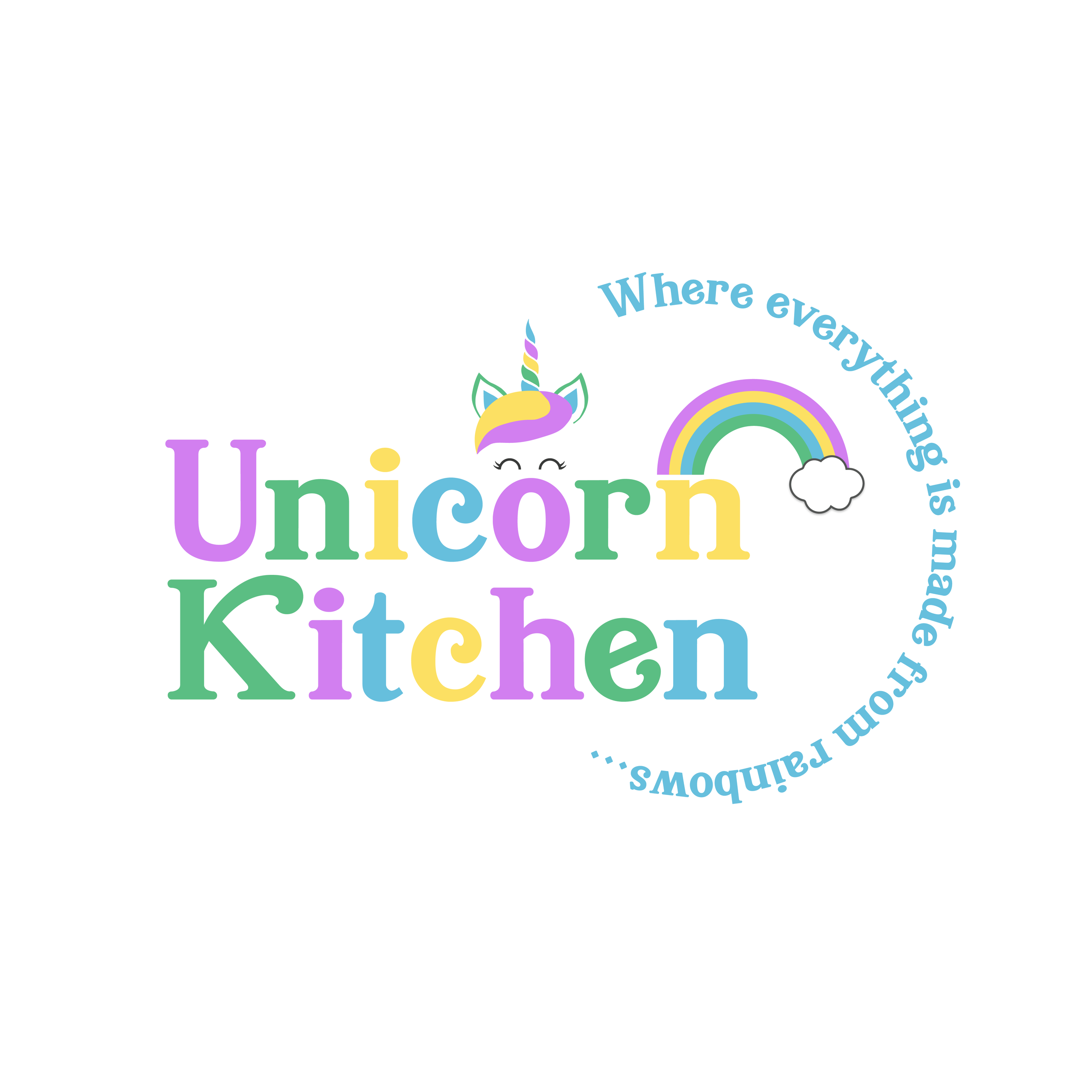Colorful text with a unicorn illustration, rainbow, rain clouds, and the phrase 'Origami Unicorn'.