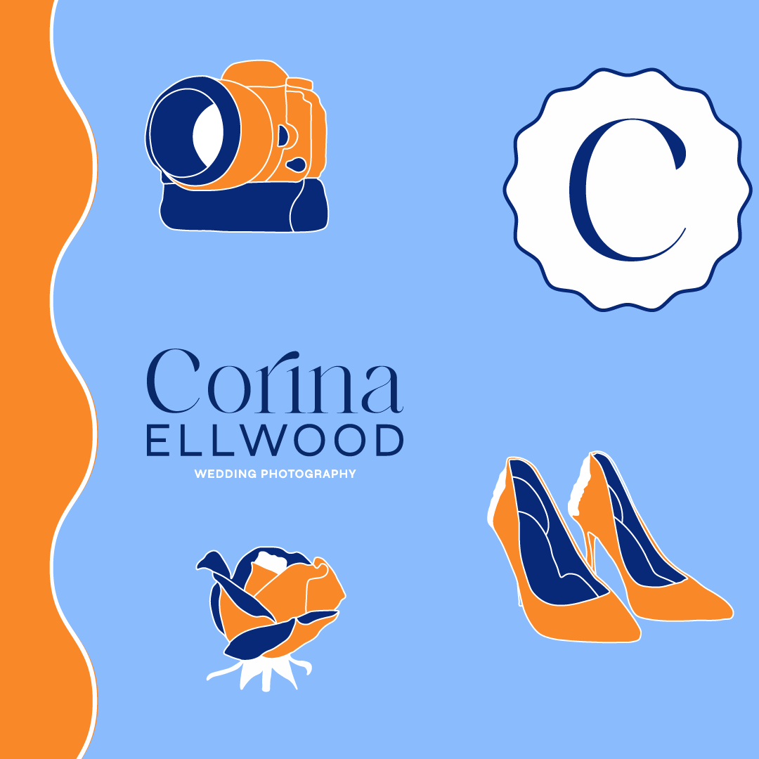 A graphic design for Corina Ellwood wedding photography with illustrations of a camera, a flower, high heels, and a seal with a large letter C on it, on a blue background with an orange wave on the left side.