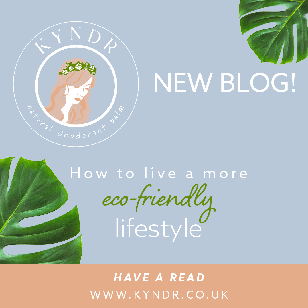An advertisement for KYND organic deodorant balm announcing a new blog about living a more eco-friendly lifestyle, with green tropical leaves on a light blue background and a logo featuring an illustrated woman with a flower crown.
