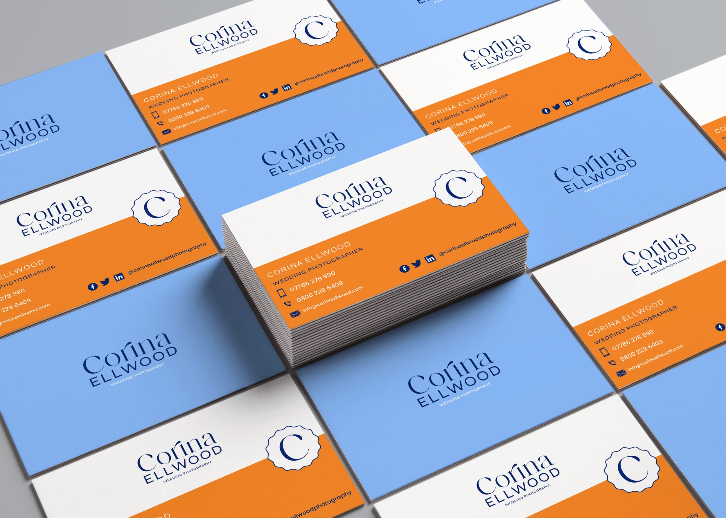 Multiple stacks of business cards for Corina Ellwood, a wedding photographer, with a white background, orange and blue color scheme, and contact information including phone number, email, and social media icons.