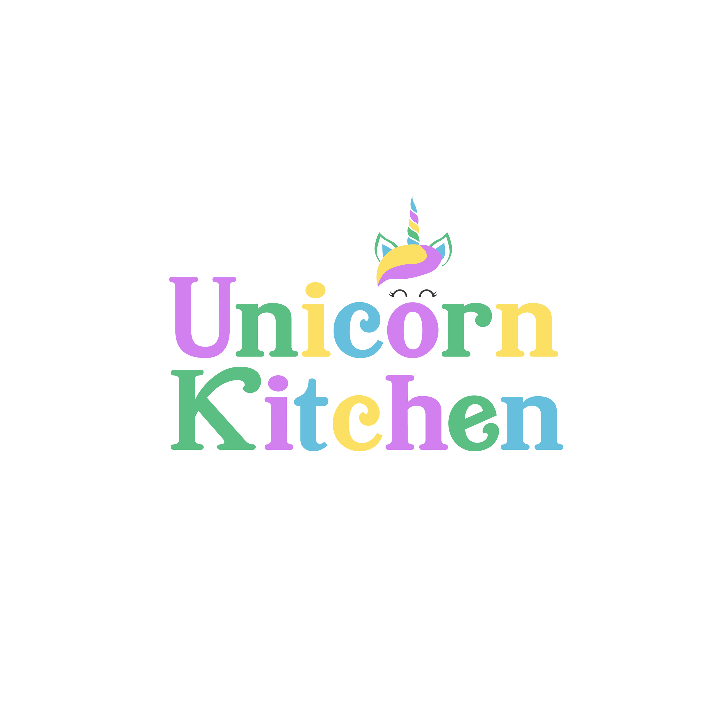 Colorful word cloud spelling 'Unicorn Kitchen' with a rainbow unicorn graphic above the text.