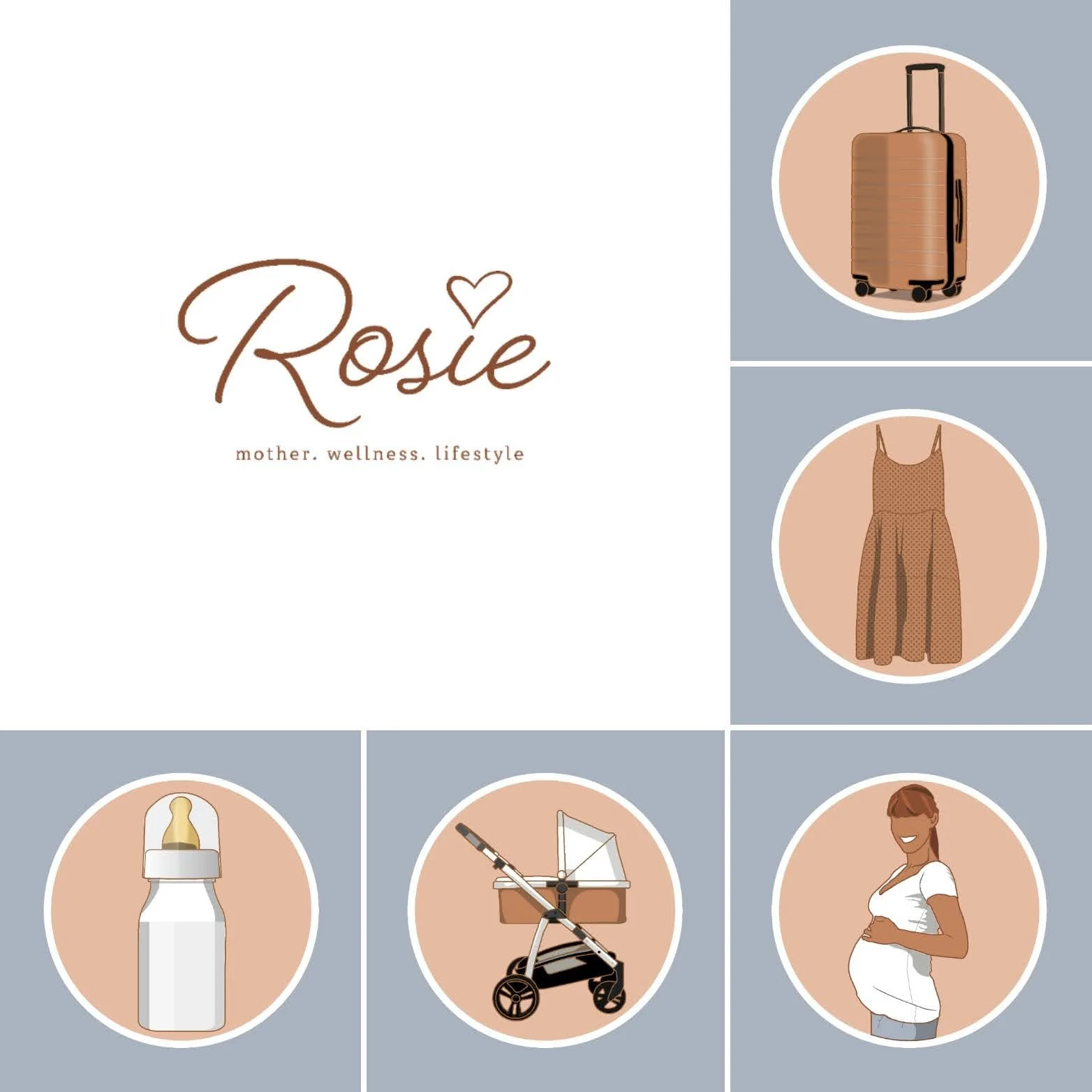Travel-related illustrations including a rolling suitcase, a dress, a baby bottle, a stroller, and a pregnant woman.