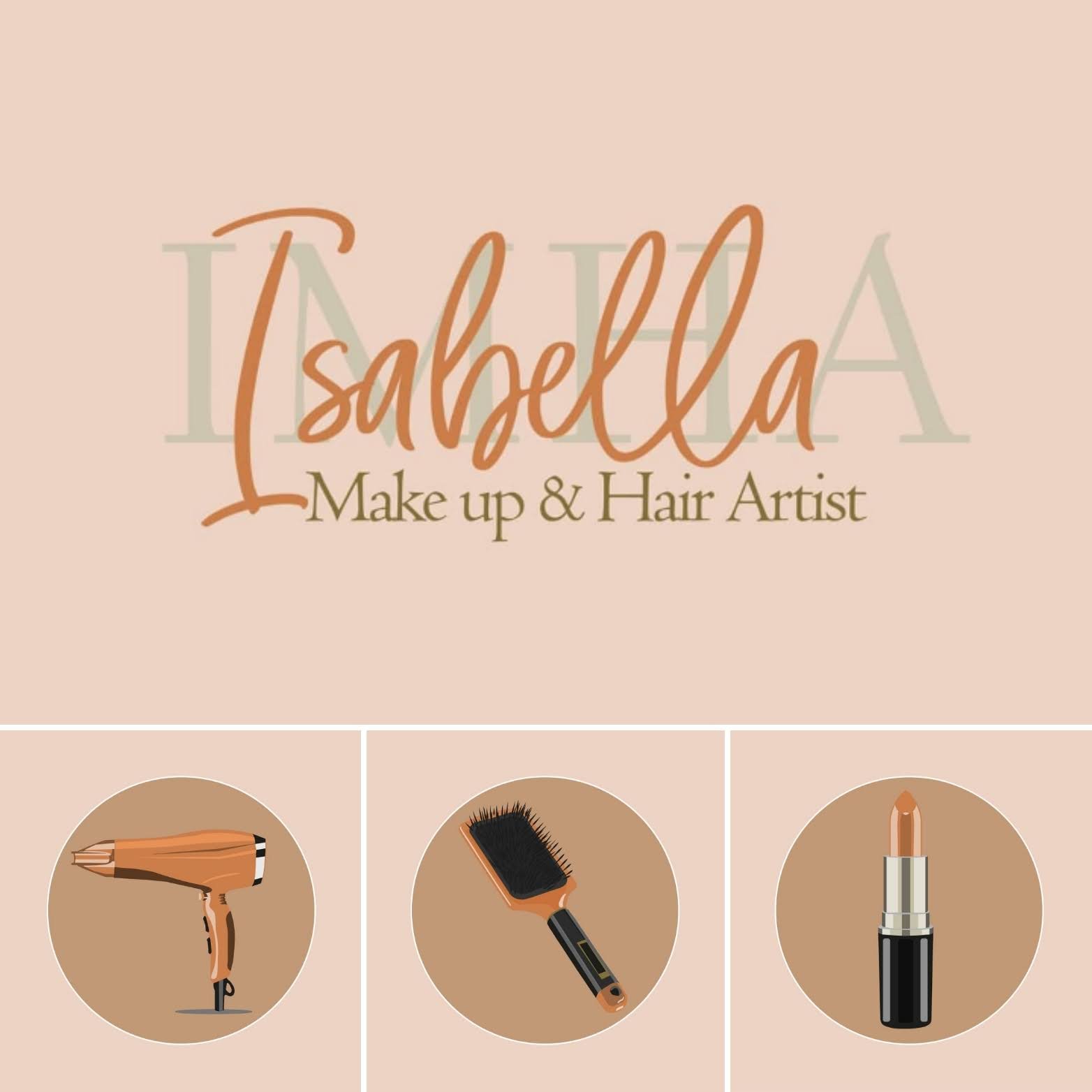A logo for IsaBella, a makeup and hair artist, with illustrations of a hairdryer, a hairbrush, and makeup lipstick on a pink background.