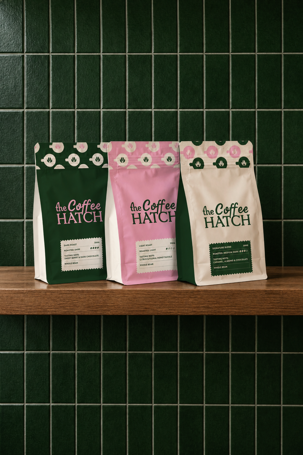 Coffee Hatch Bags on a Green Tile Shelf.png